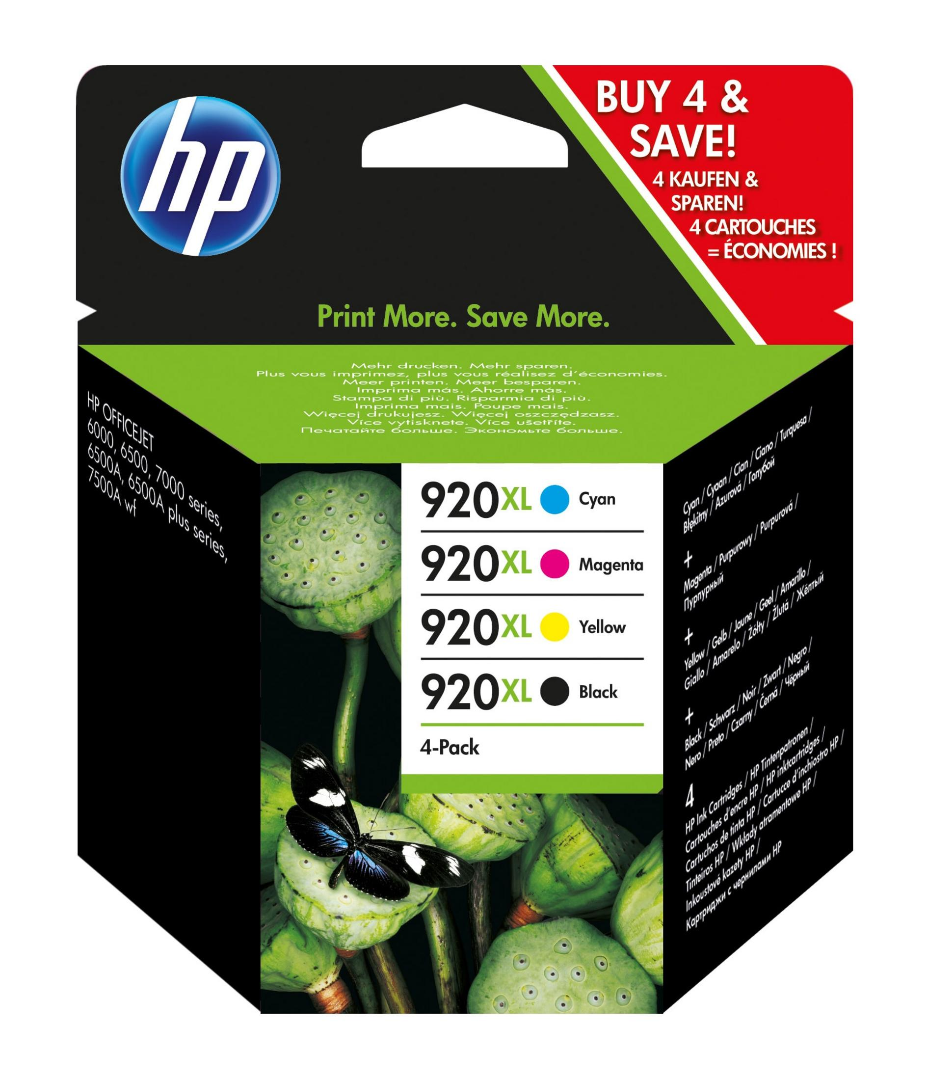 HP Officejet 920XL Tintenpatronen im 4er-Pack. Enthält cyan, magenta, gelb und schwarz.