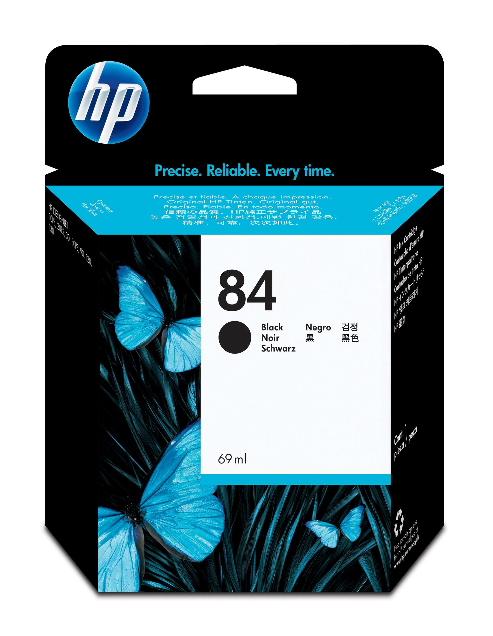 HP-inktcartridgebox met een zwarte cartridge en blauwe vlinders op een donkere achtergrond.