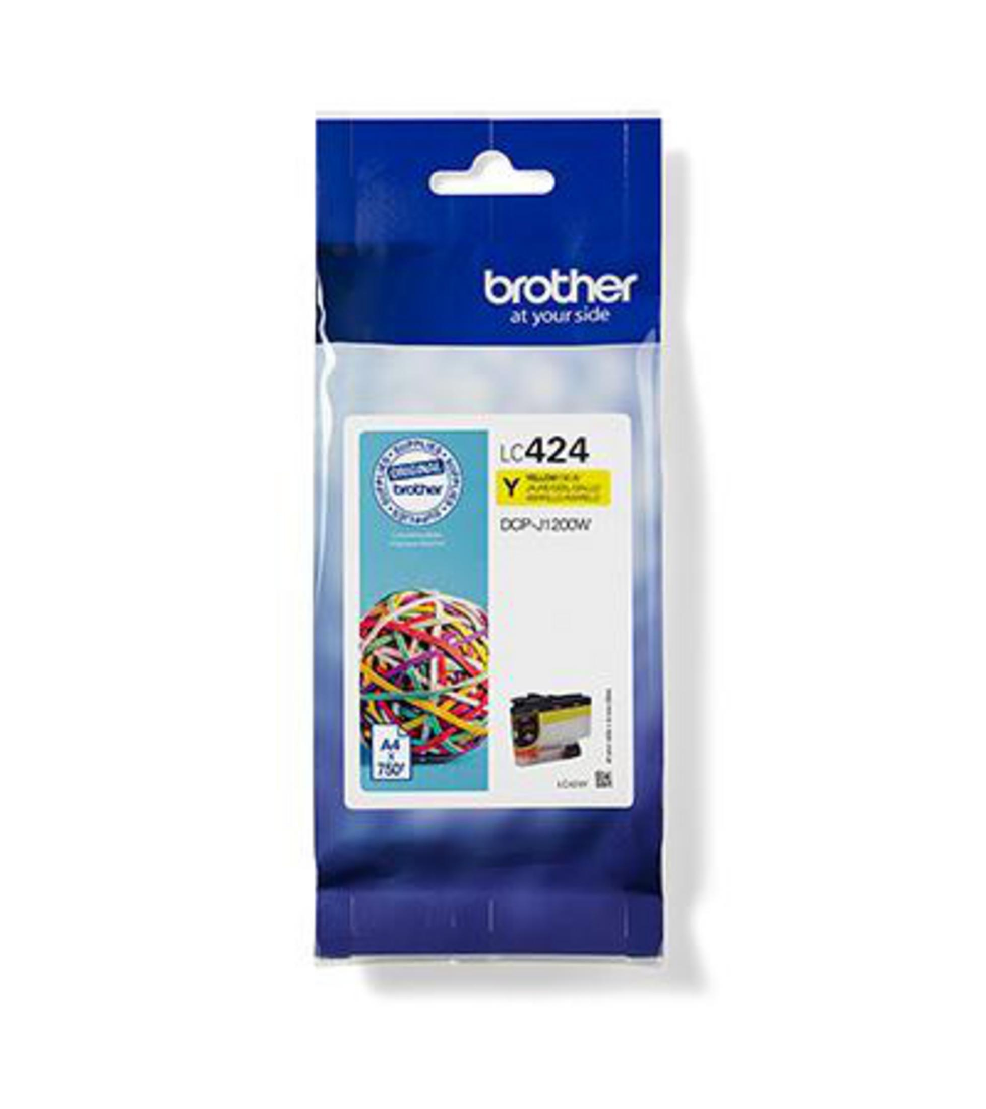 Żółty wkład atramentowy Brother LC424 zapakowany w przezroczysty plastik.