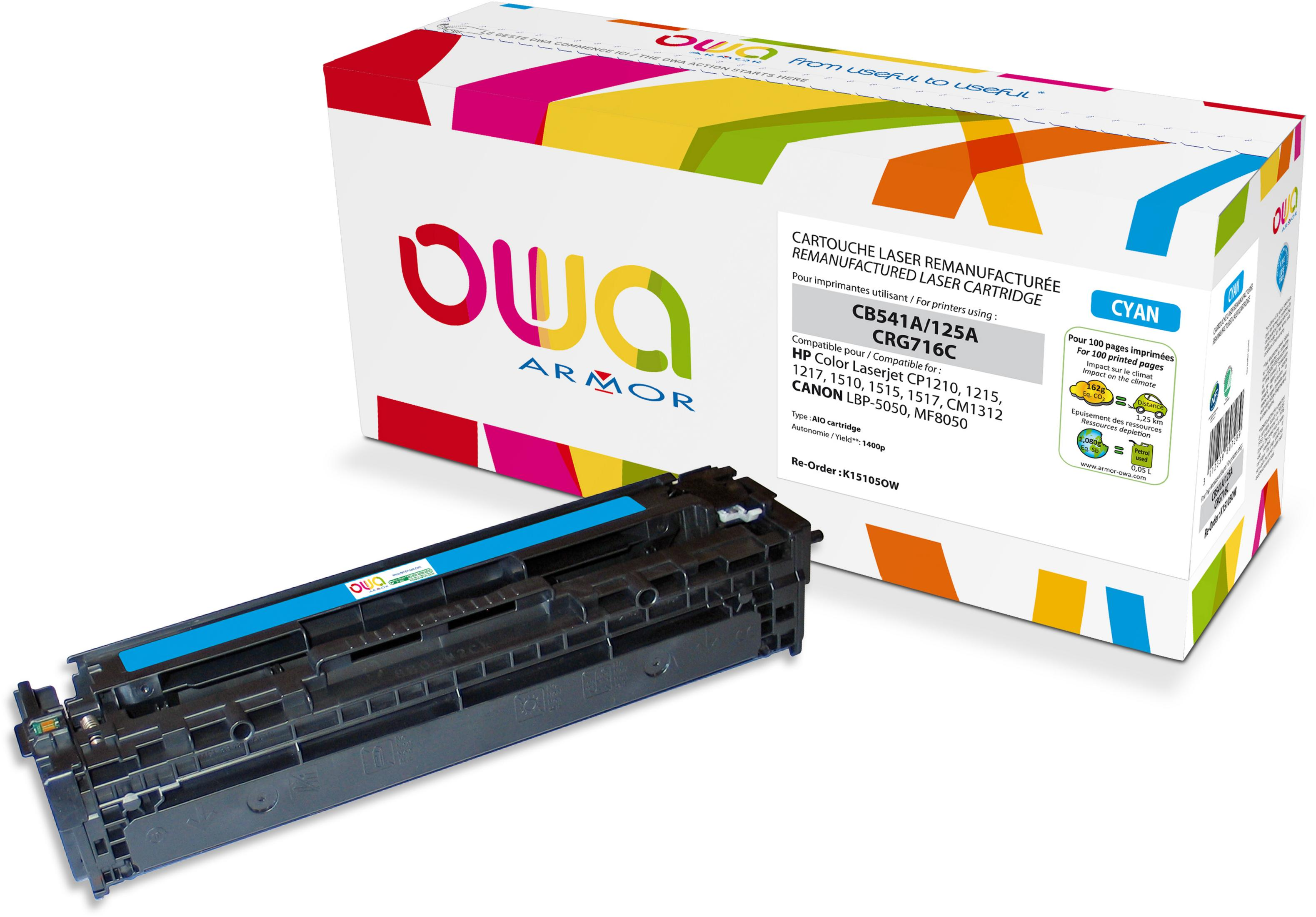 Cartuccia toner ciano Owa Armor con la sua scatola, colore ciano, sfondo bianco.