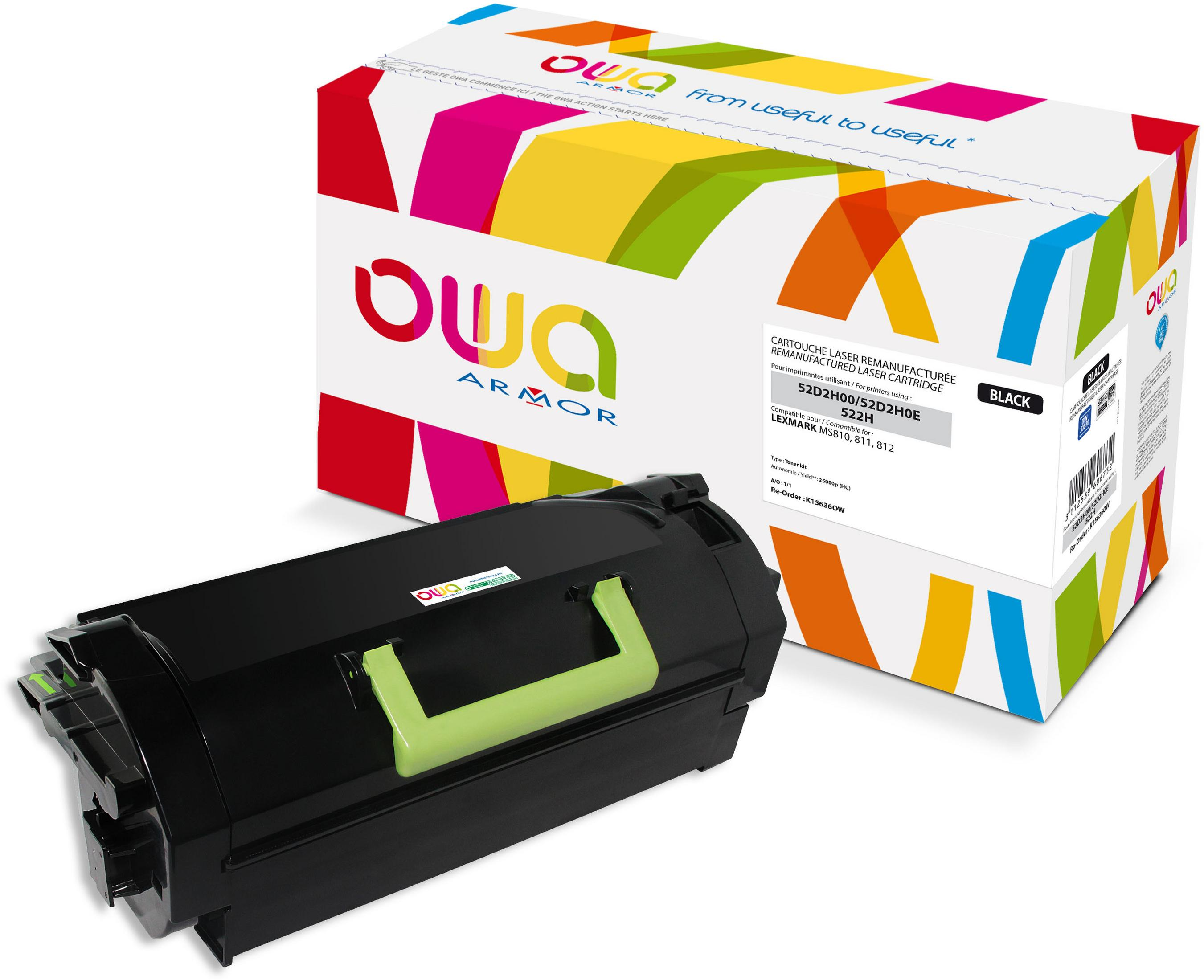 Una scatola di cartucce per stampante con una cartuccia nera davanti. La scatola ha un design colorato con il logo 'OWA'.