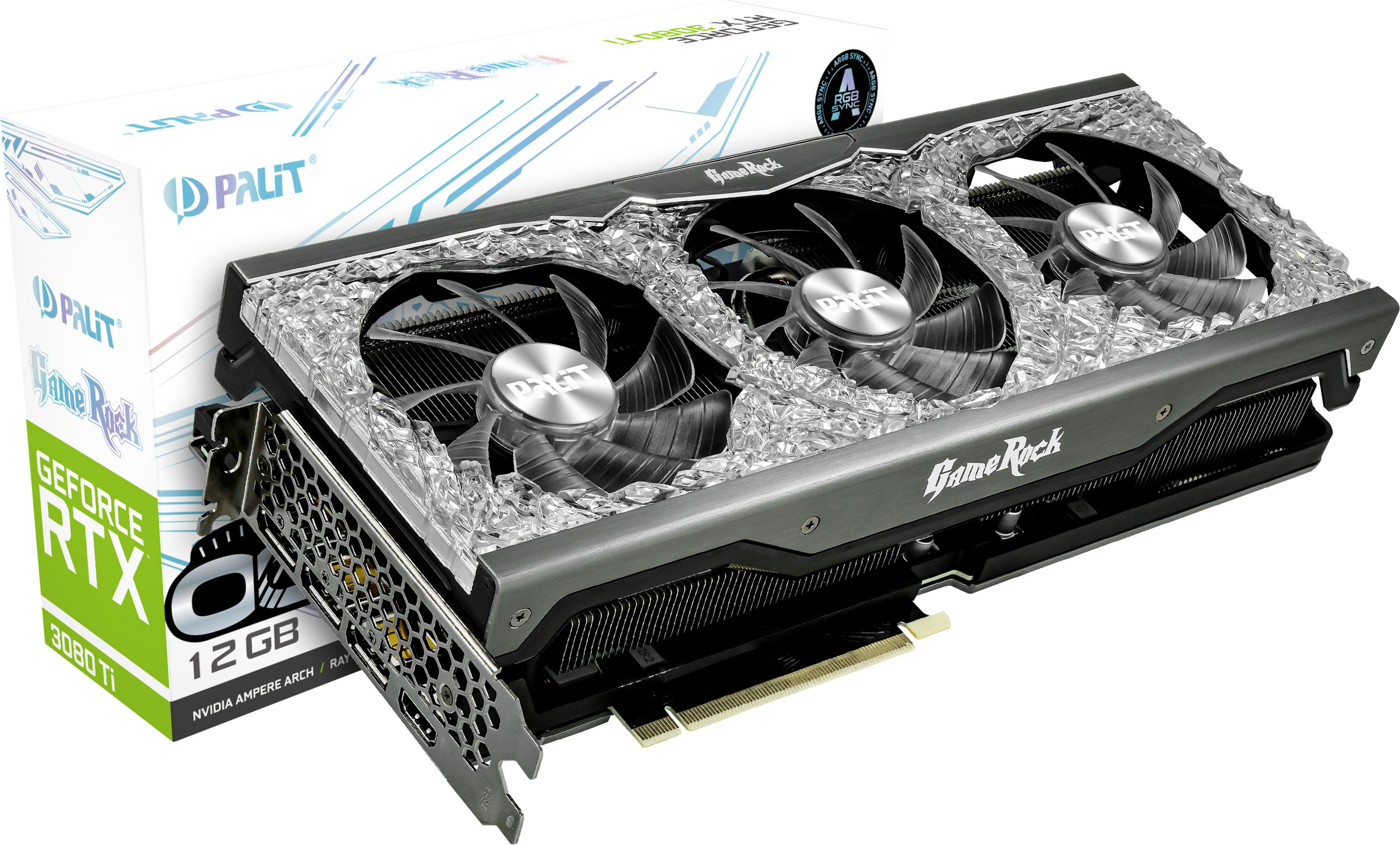 Grafische kaart met drie ventilatoren. Het heeft een Palit-doos en een Nvidia GeForce-logo.