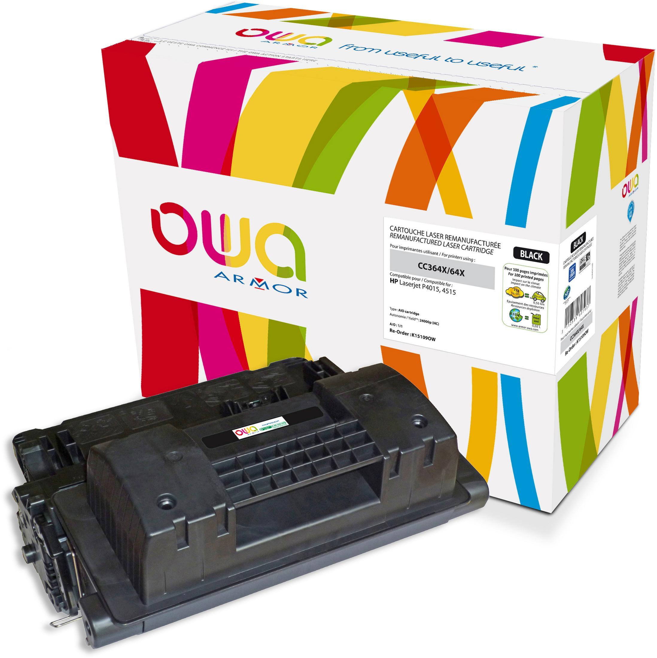 Cartuccia toner nera accanto alla sua scatola colorata. La scatola ha il marchio e il logo.