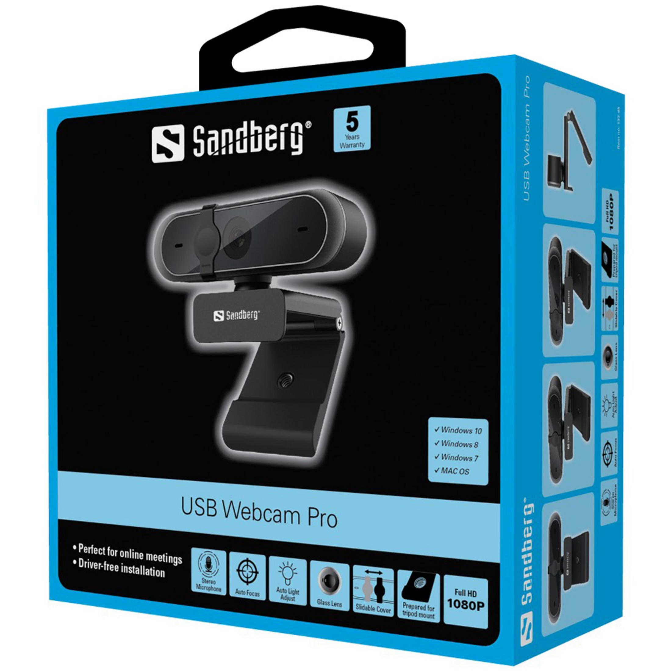 Kamera internetowa Sandberg USB Webcam Pro w pudełku, pokazująca kamerę i jej funkcje.