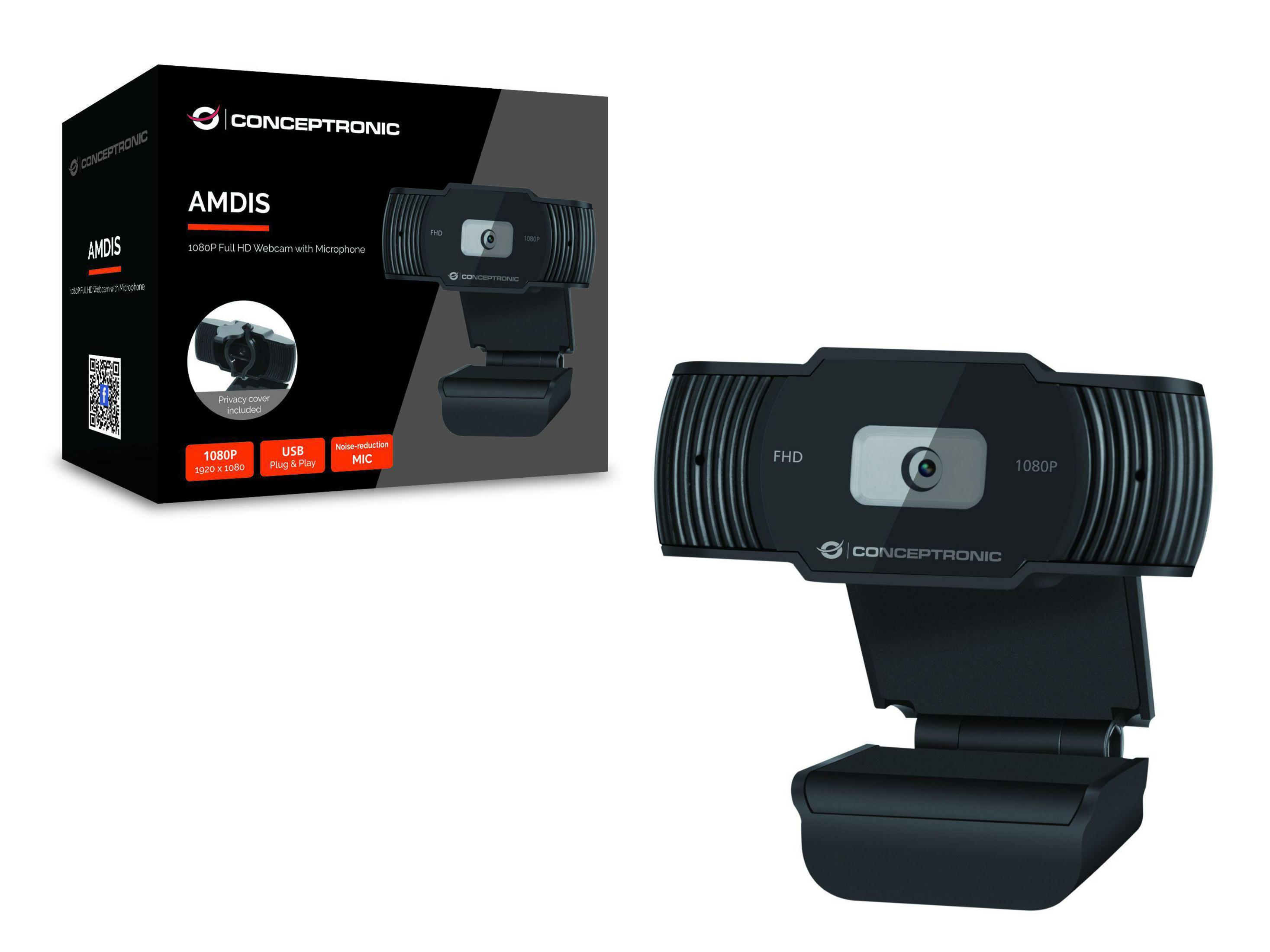 Webcam und ihre Box. Die Webcam ist schwarz und hat ein Objektiv. Die Box ist schwarz und weiß.