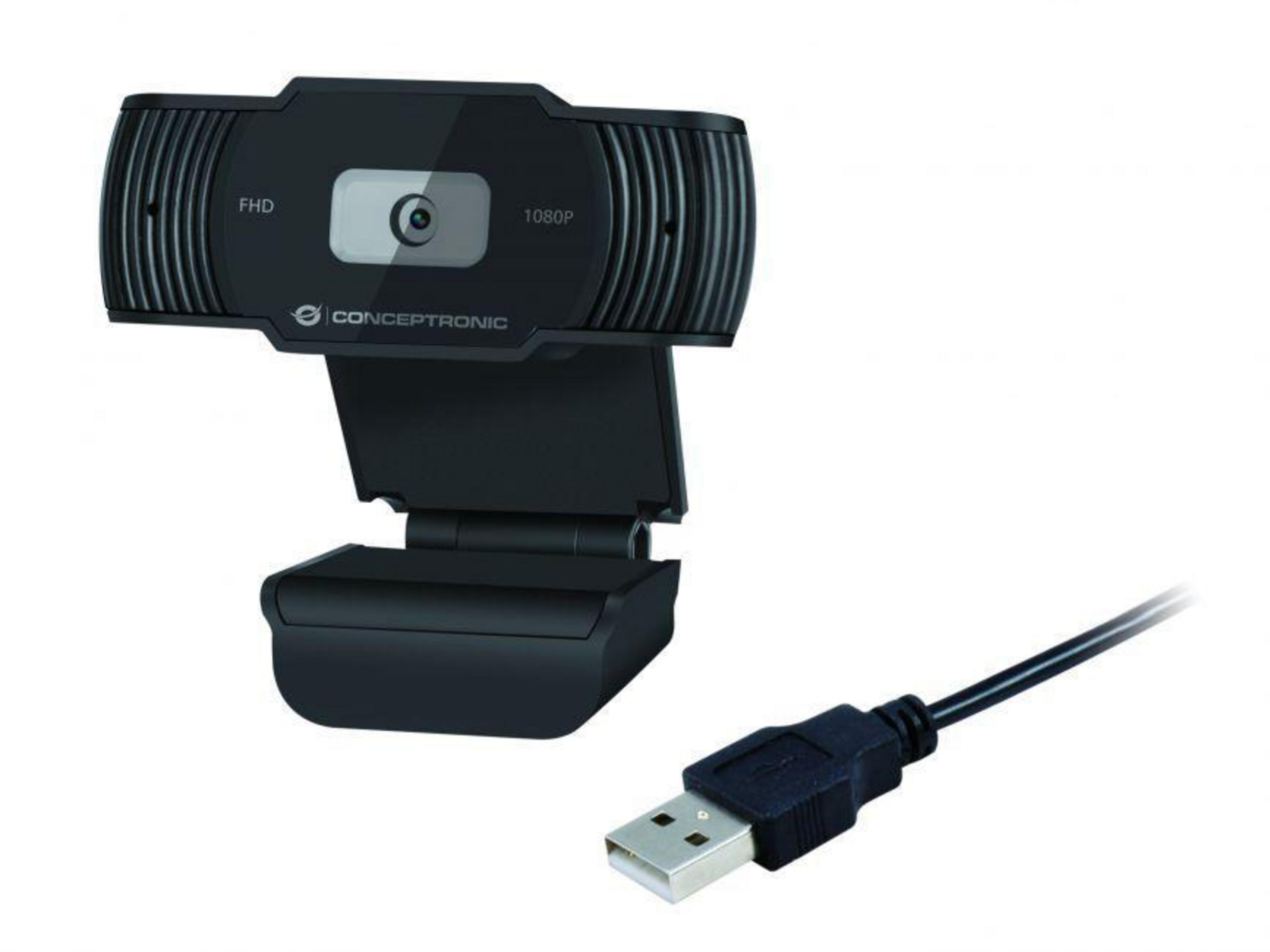 Schwarze Webcam mit einem USB-Kabel. Die Webcam steht auf einem Ständer. Der Hintergrund ist weiß.