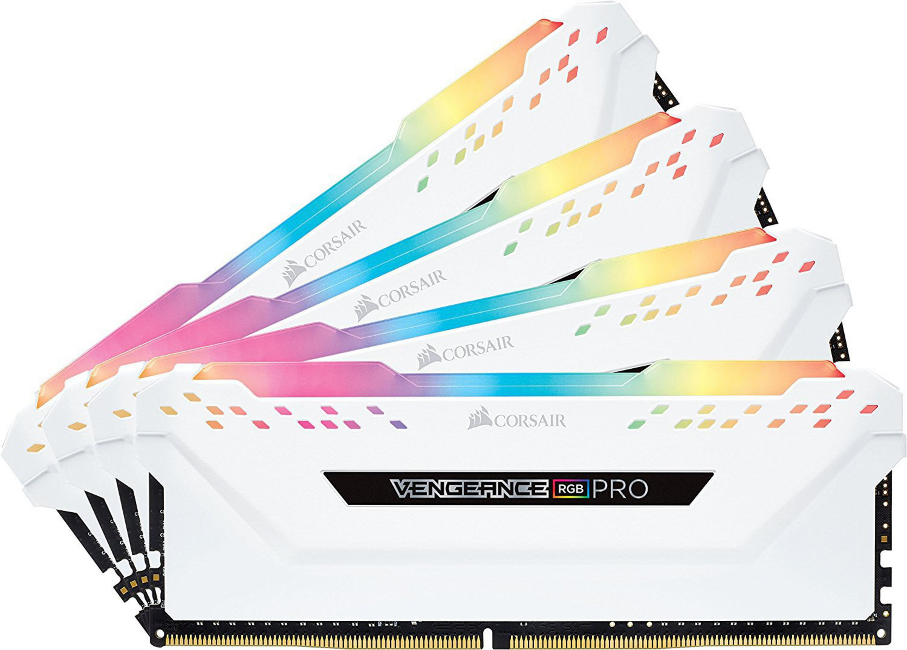 Pięć białych kości RAM z podświetleniem RGB, widoczny tekst 'Corsair Vengeance RGB PRO'.