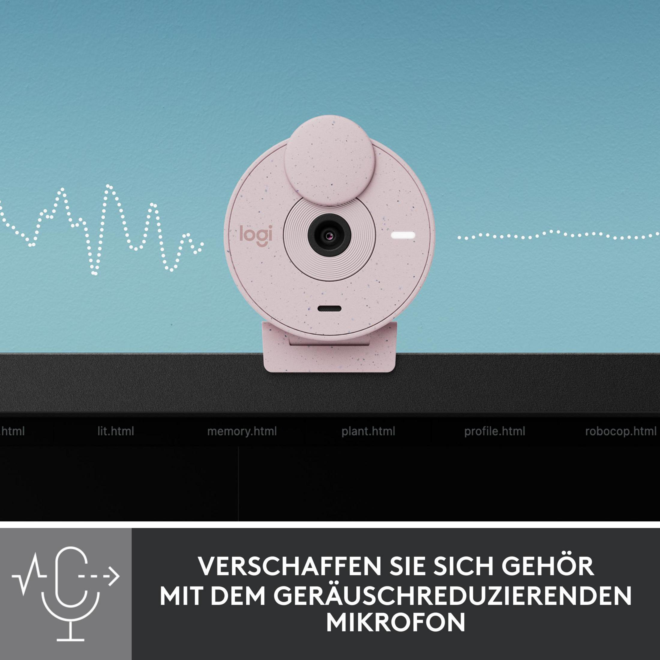 Rosa Webcam mit Mikrofon. Das Bild zeigt Schallwellen und Text zur Produktwerbung.