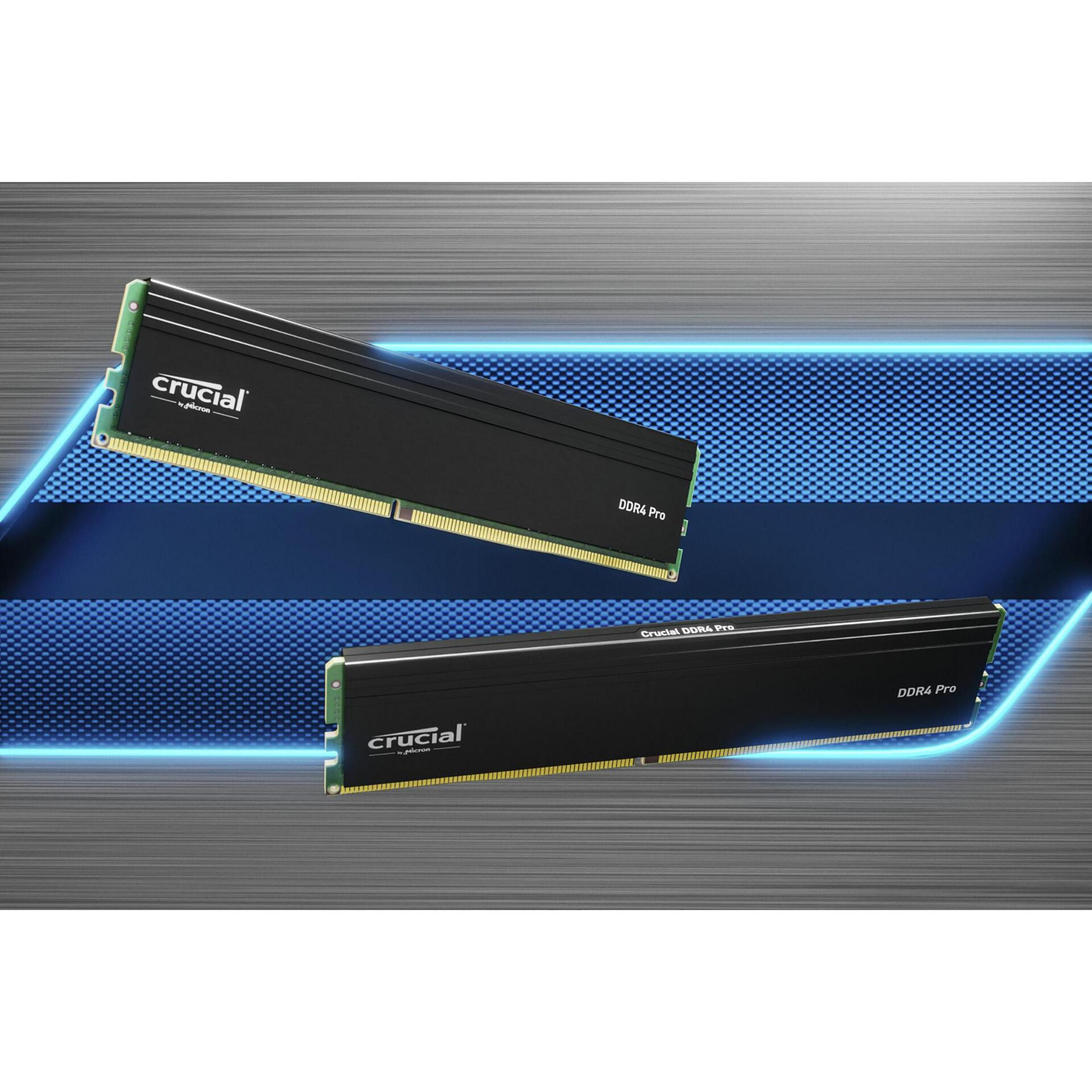 Dos módulos de RAM negros sobre un fondo azul con el logotipo y texto Crucial en blanco.
