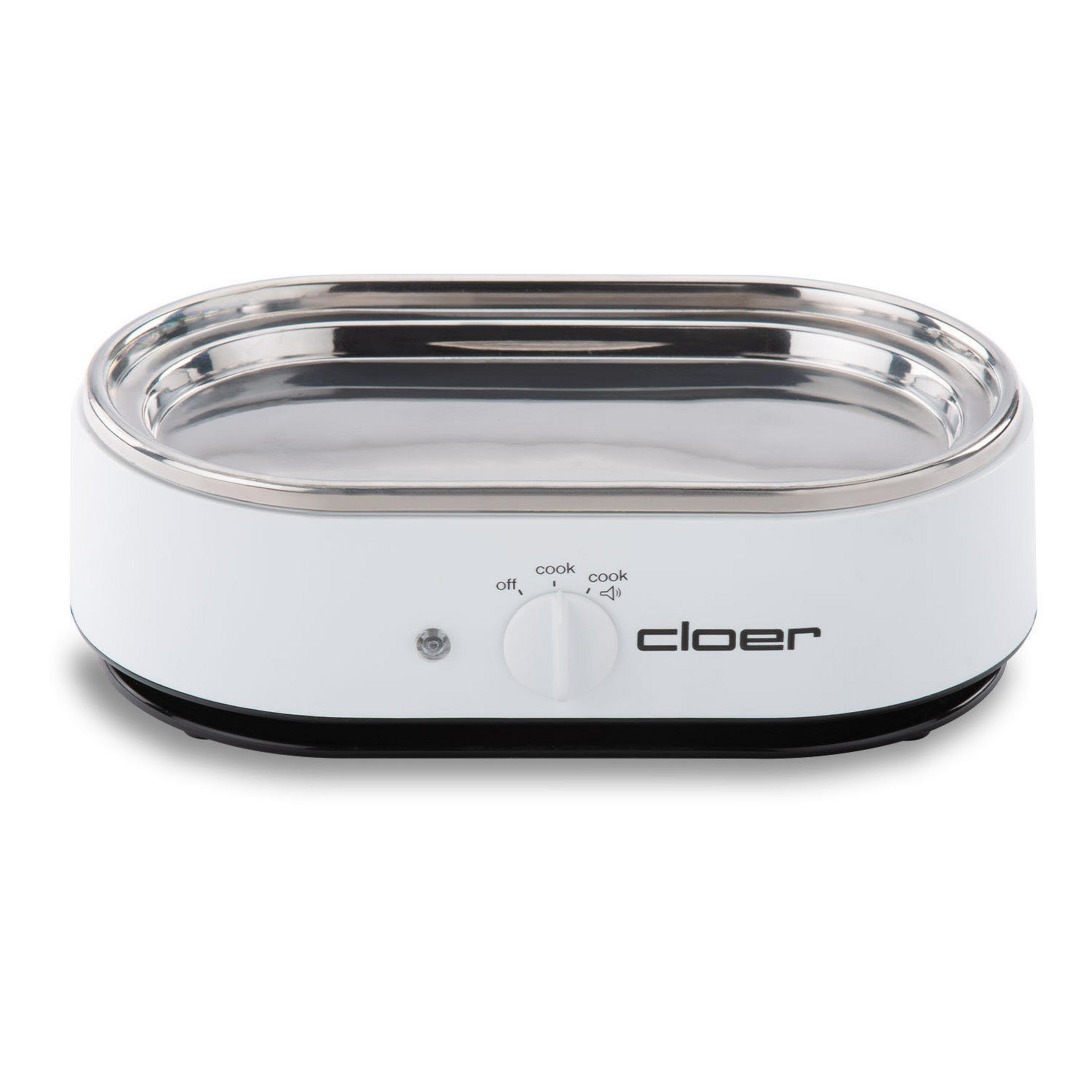 Biała i srebrna podgrzewacz do żywności z pokrętłem i napisem 'CLOER'. Kształt jest owalny.