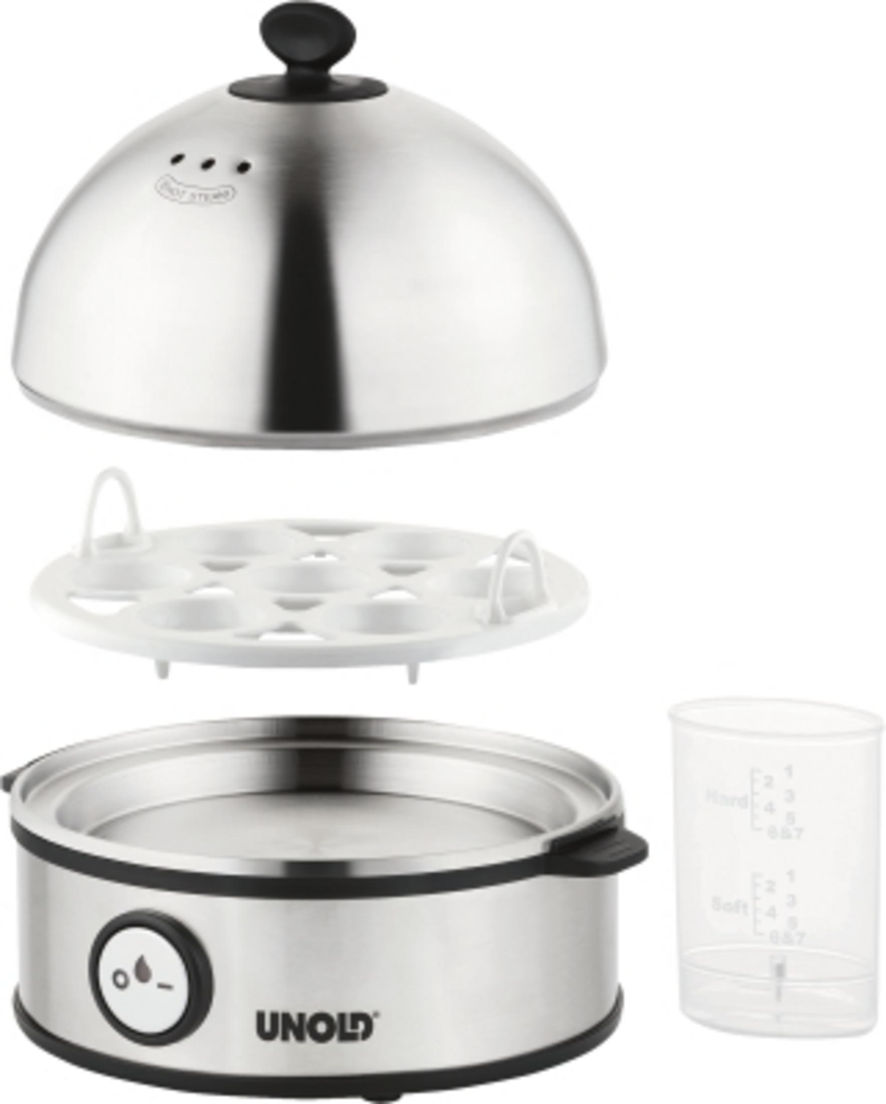 Gotowacz do jajek ze stali nierdzewnej, zdemontowany. Zawiera pokrywę, uchwyt i miarkę.