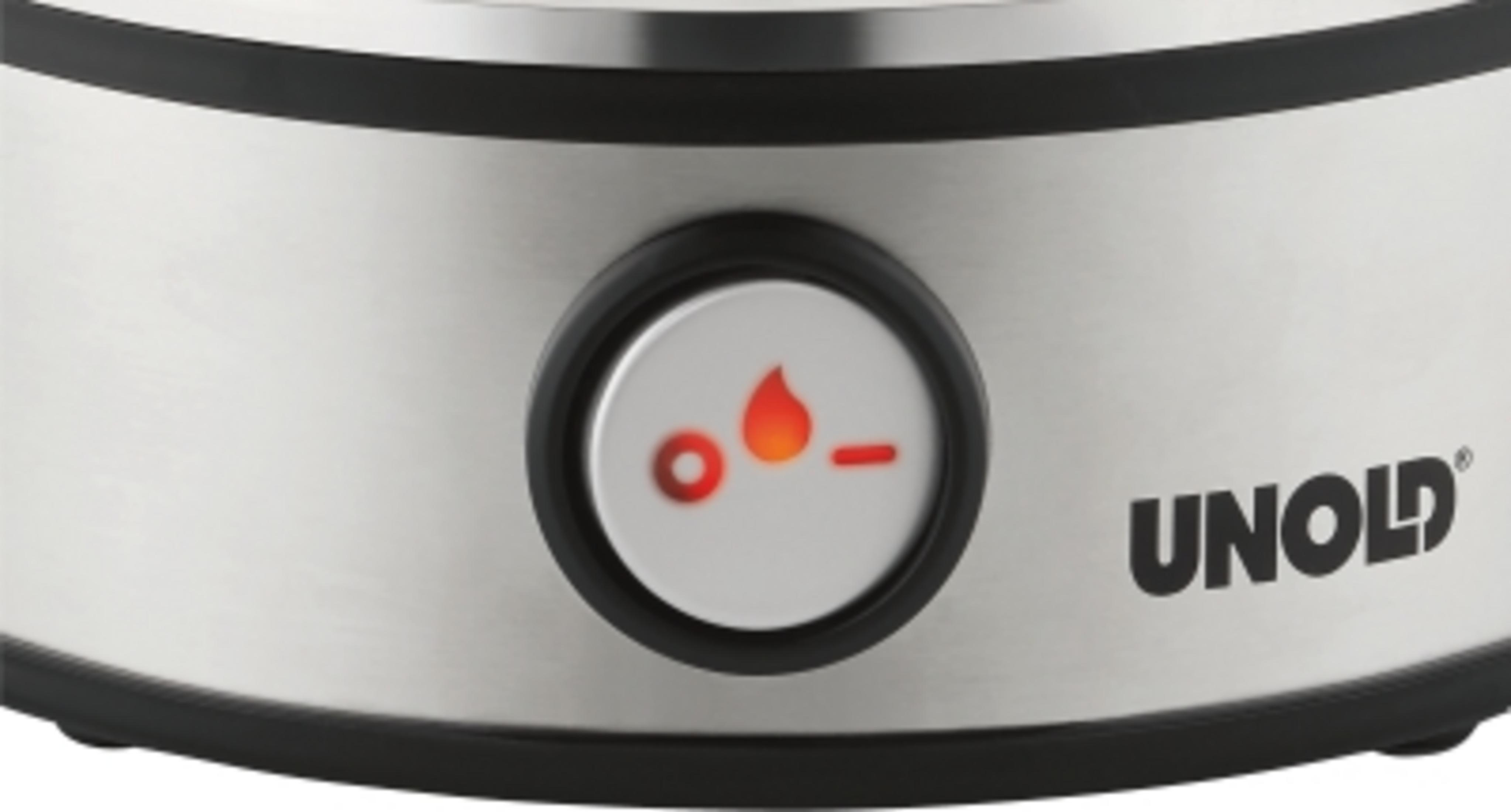 Srebrne urządzenie kuchenne z pojedynczą czerwoną ikoną płomienia na czarnym przycisku. Marka UNOLD.