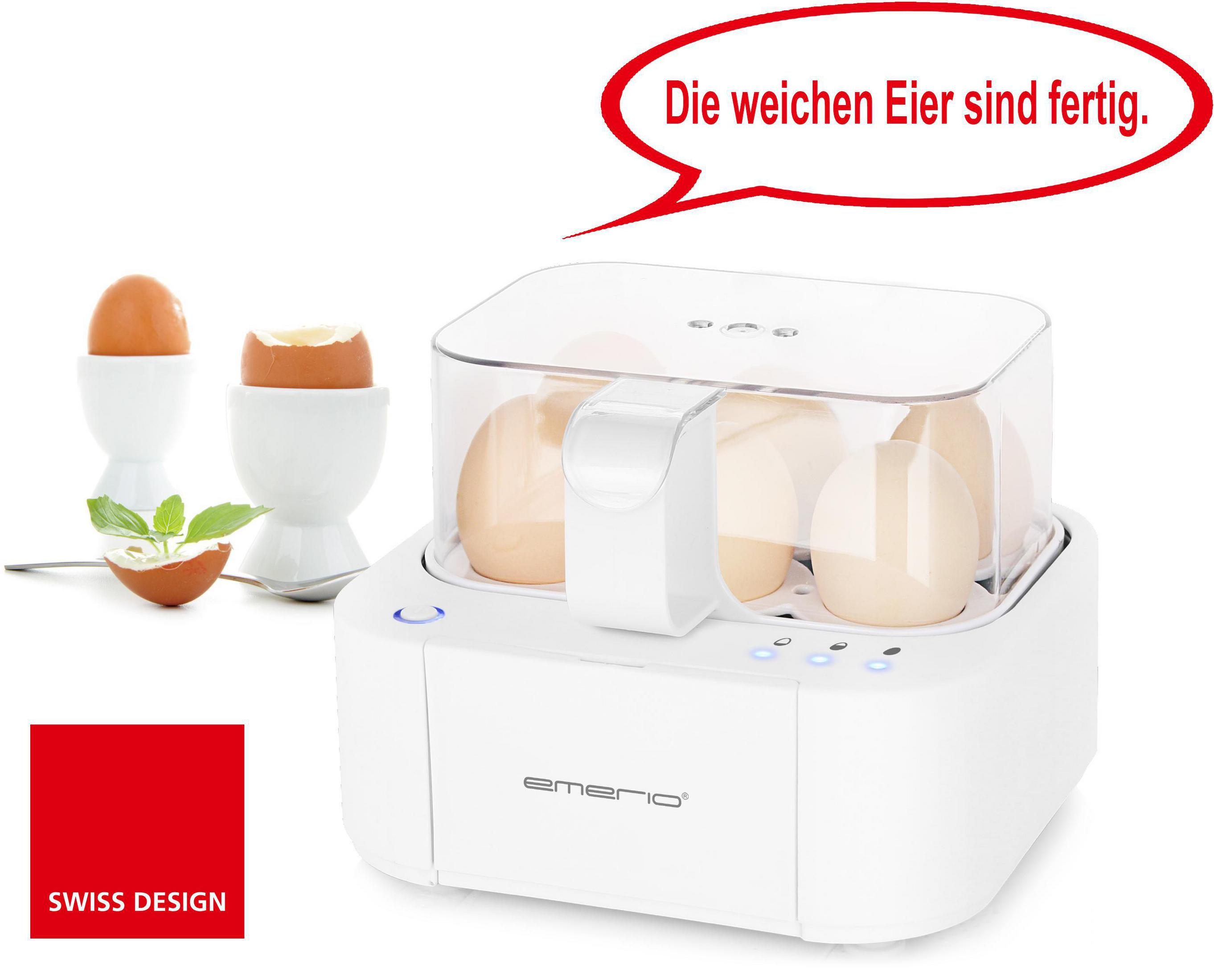 Ein Eierkocher mit Eiern und Eierbechern. Sprechblase sagt 'Die weichen Eier sind fertig' auf Deutsch.
