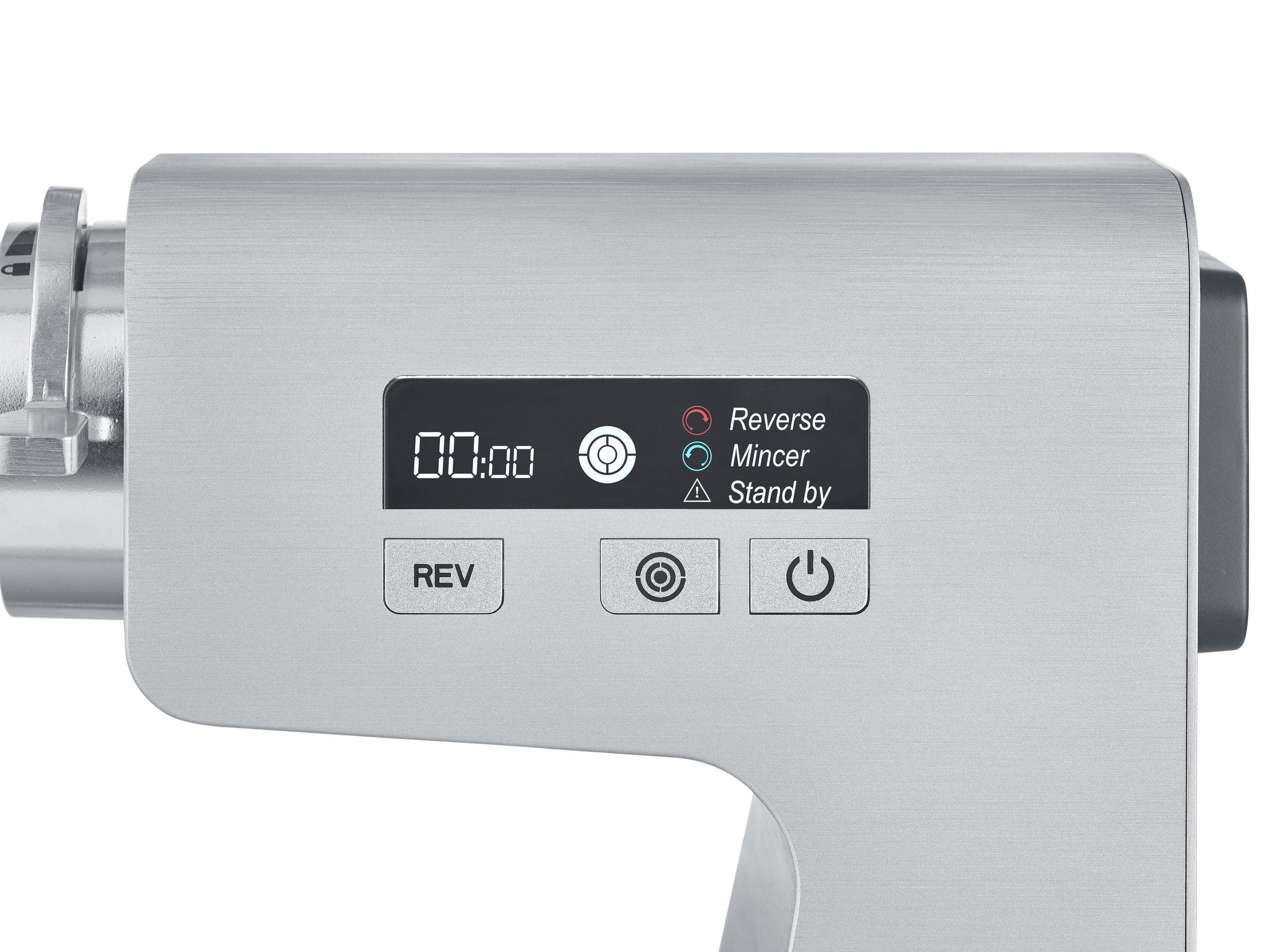 Srebrna maszynka do mięsa z ekranem LCD pokazującym ustawienia i przyciski do różnych funkcji.