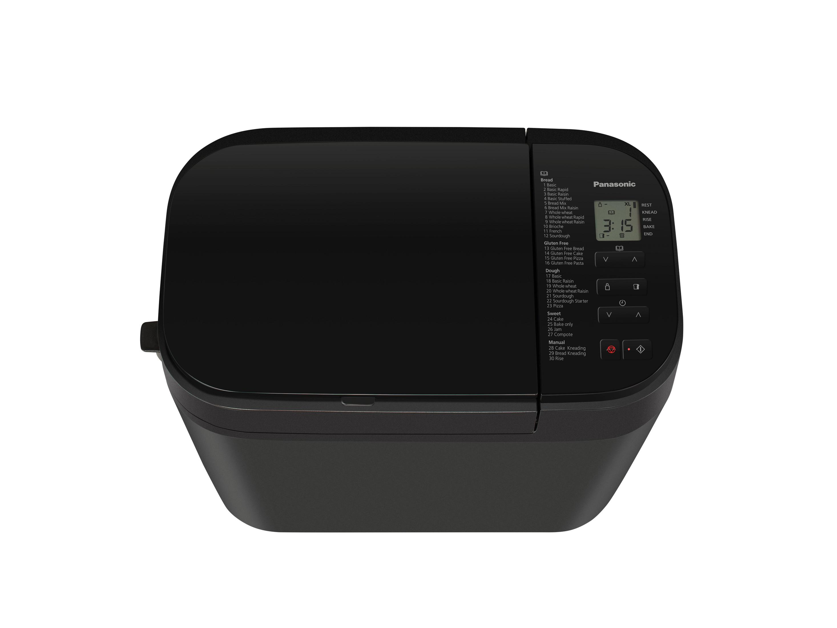 Schwarzer Panasonic Brotbackautomat auf Weiß. Anzeige zeigt Zeit und Einstellungen. Knöpfe rechts.