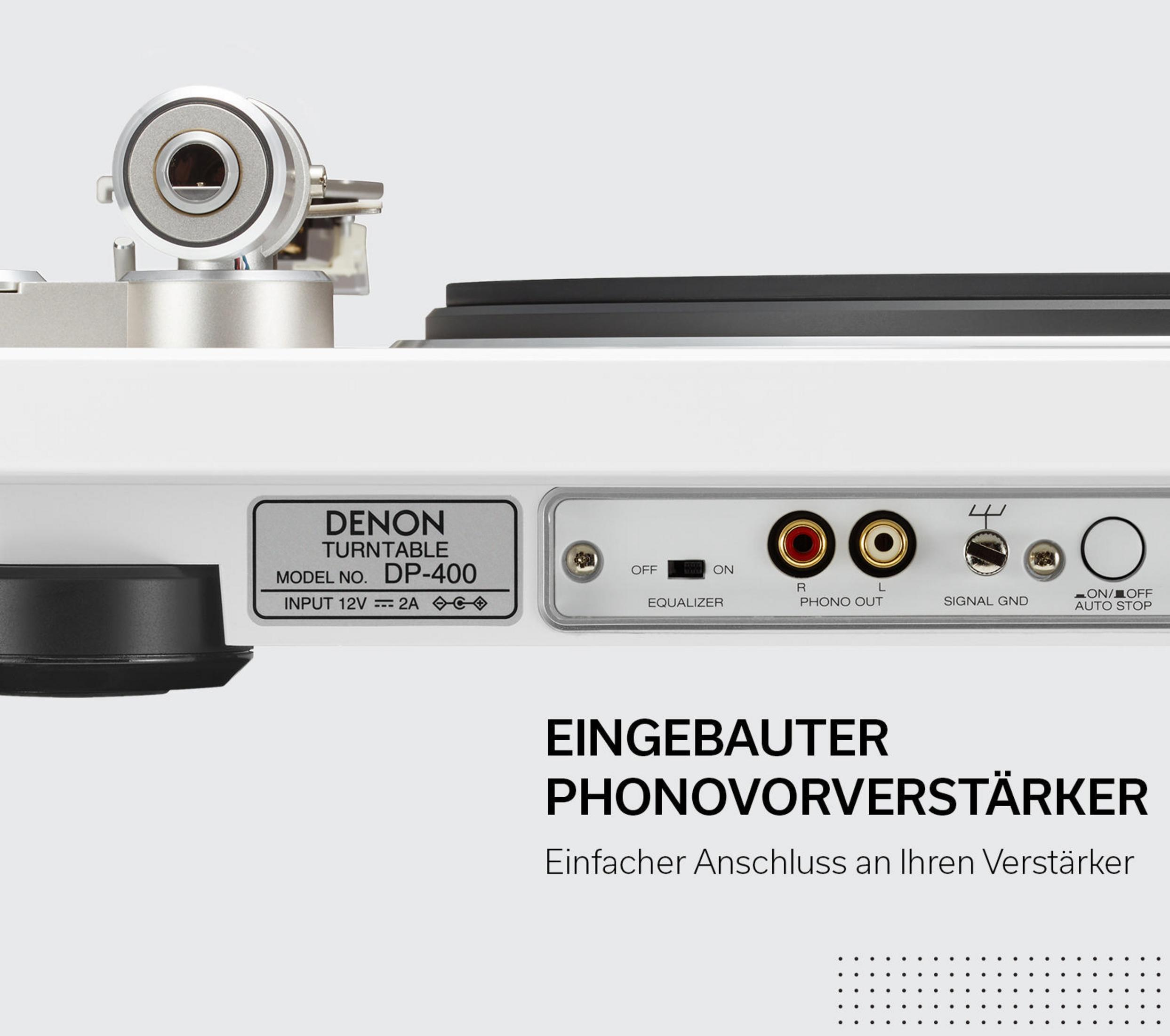 Nahaufnahme eines Denon Plattenspielers mit deutschem Text; Rückseite wird gezeigt.