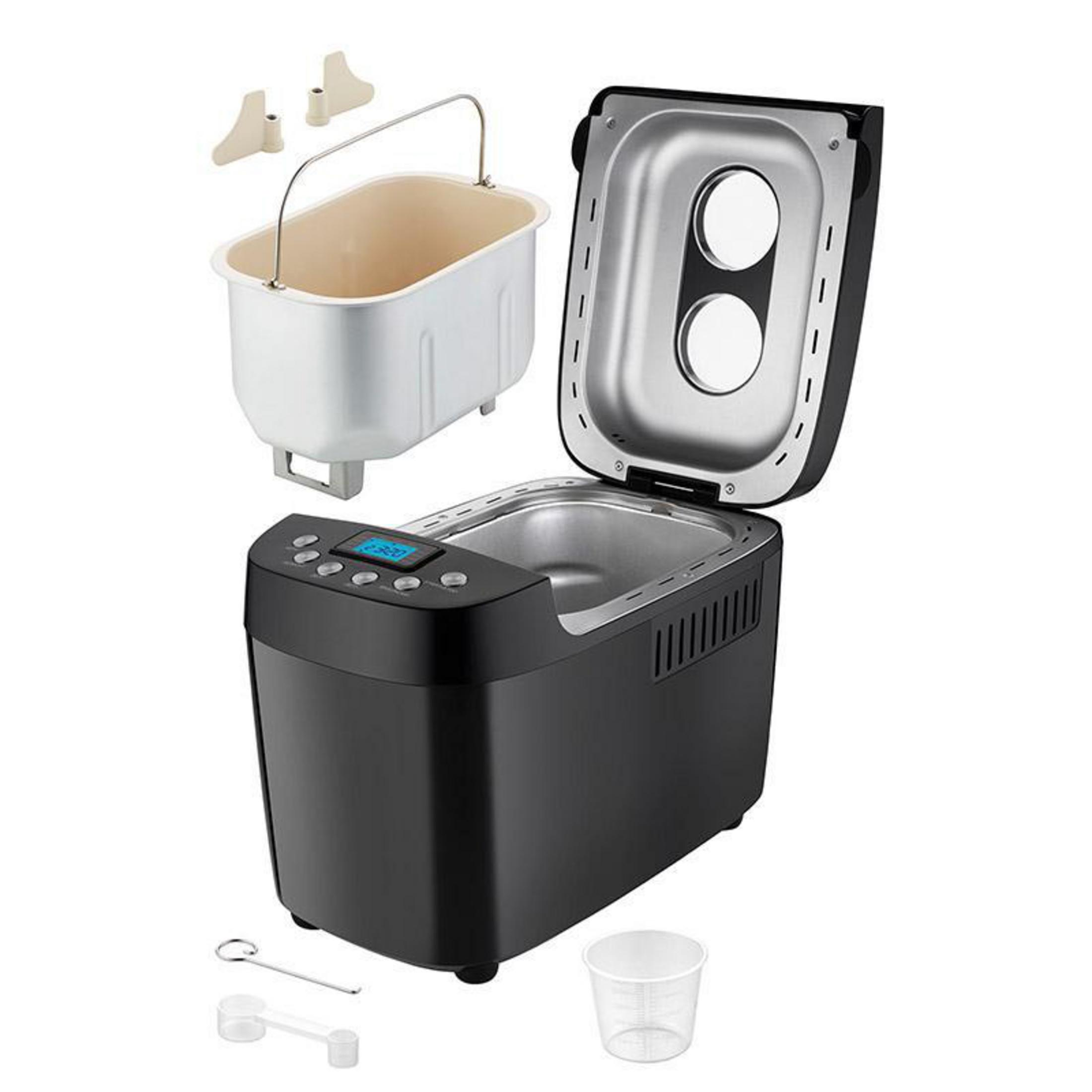 Czarna maszyna do pieczenia chleba z białą formą i akcesoriami. Widoczny wyświetlacz cyfrowy. Pokrywa otwarta.