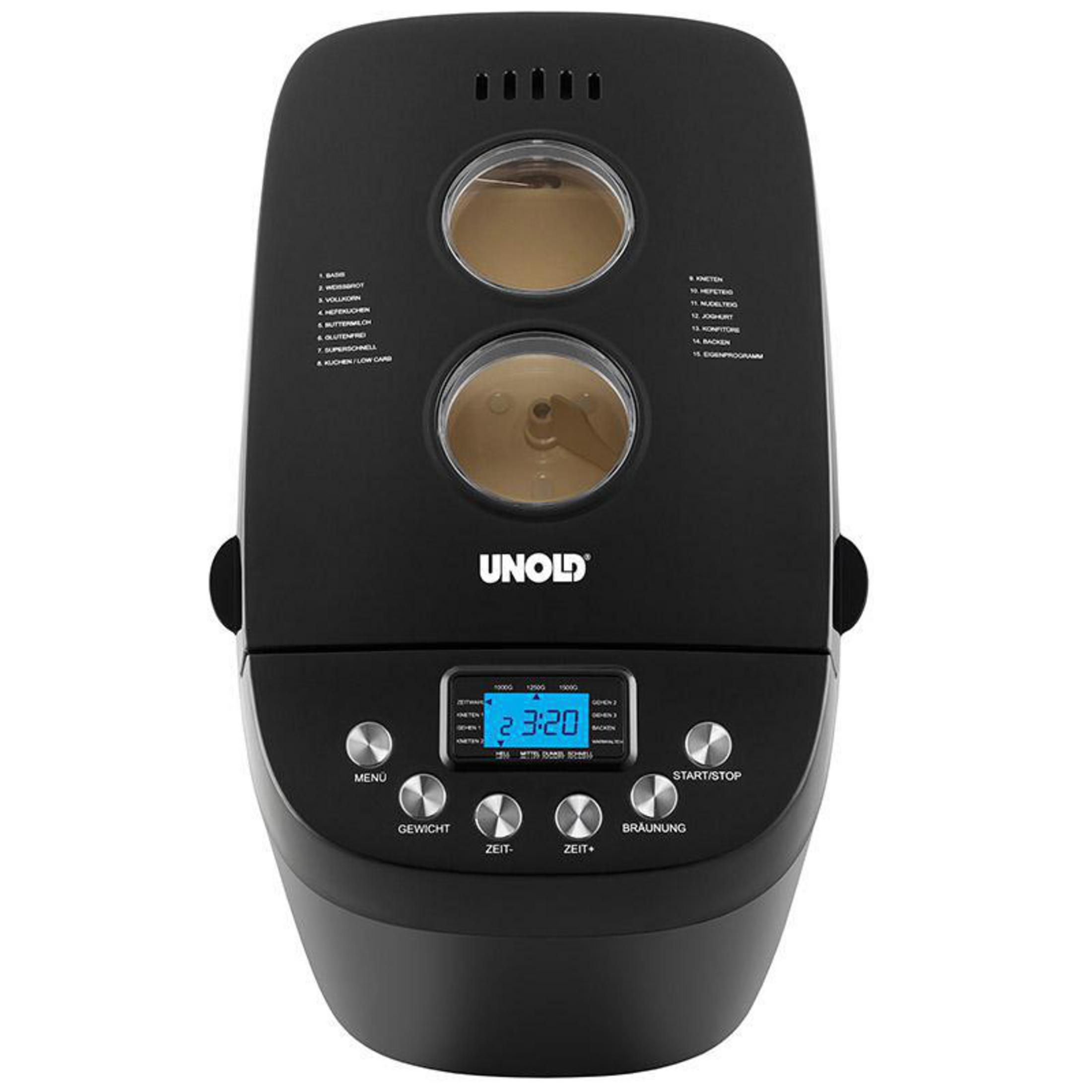 Czarna maszyna do chleba z dwoma oknami, przyciskami i cyfrowym wyświetlaczem czasu.