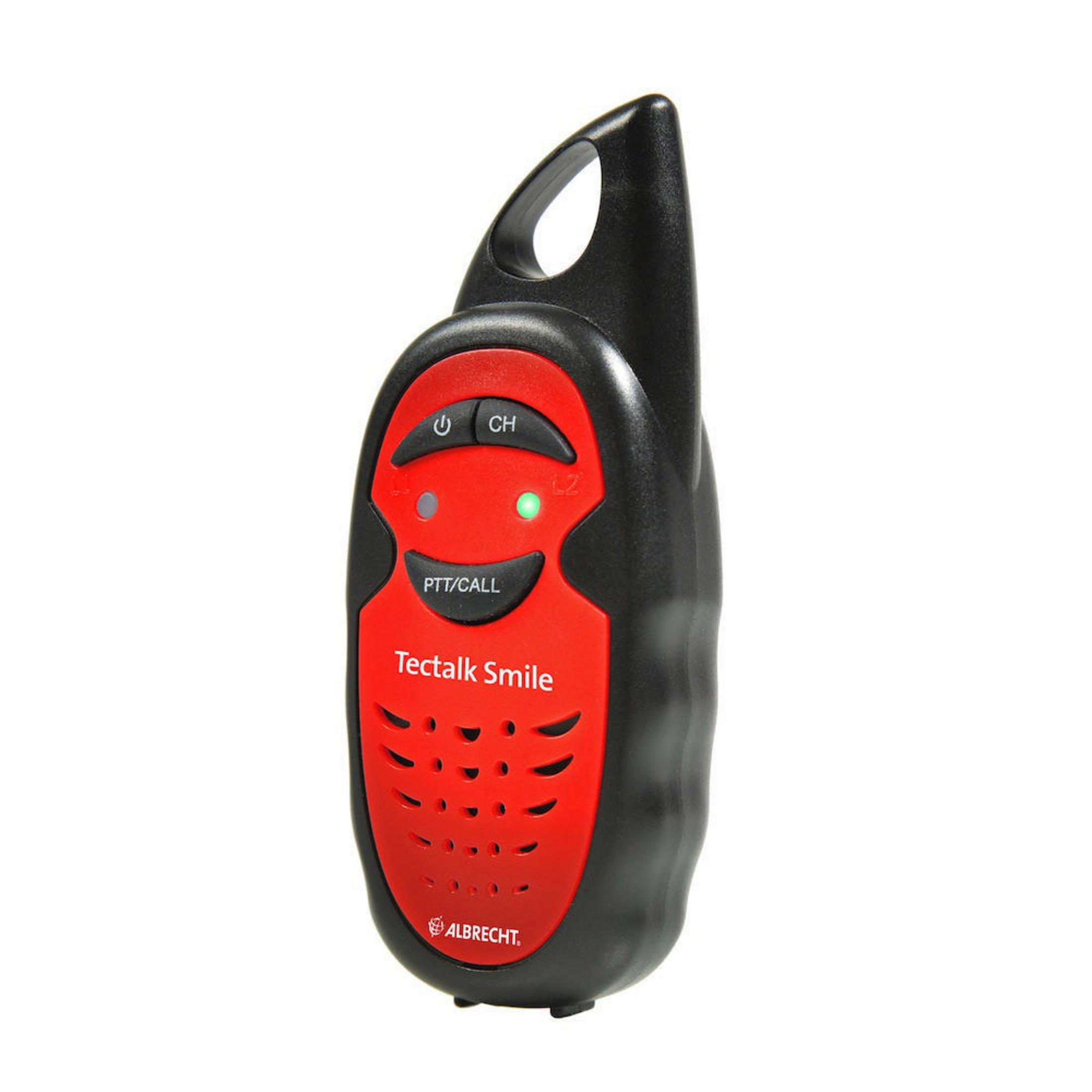 Schwarz-rotes Walkie-Talkie mit Antenne und Knöpfen.