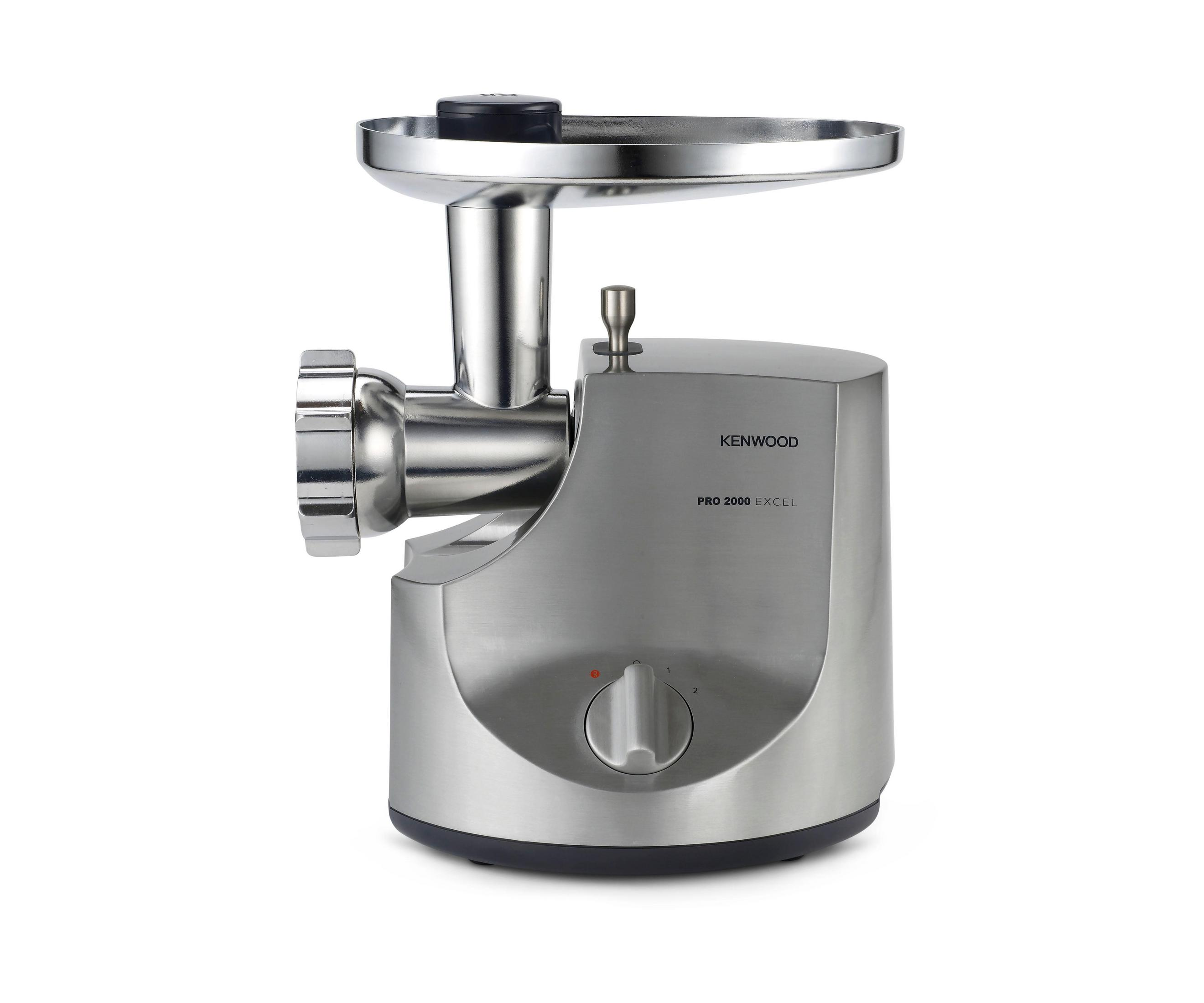 Maszynka do mielenia mięsa Kenwood Pro 2000 Excel, metaliczna srebrna, z czerwonym wskaźnikiem zasilania, na białym tle.