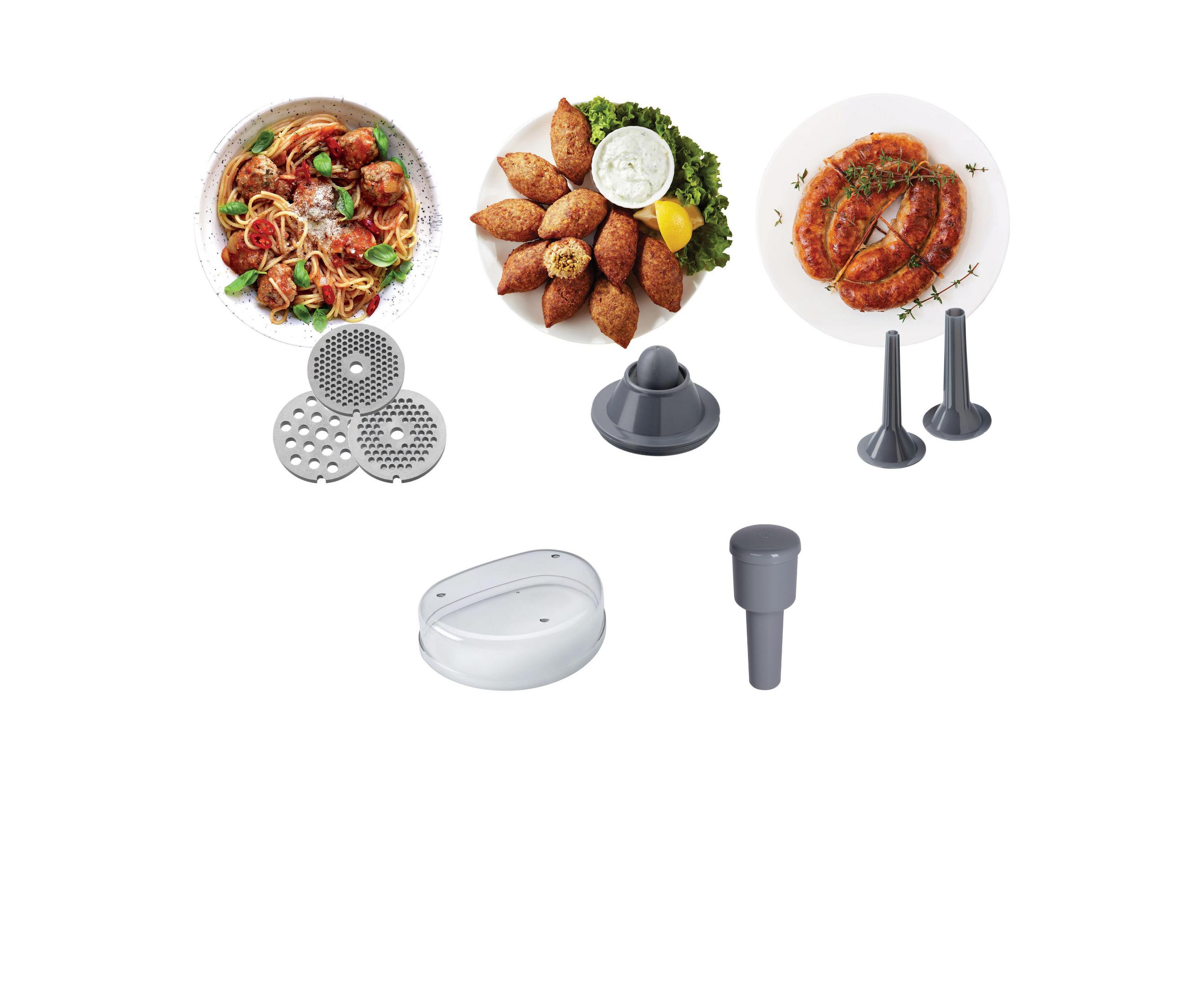 Dania z klopsikami, kibbeh i kiełbasą z narzędziami i składnikami do gotowania.