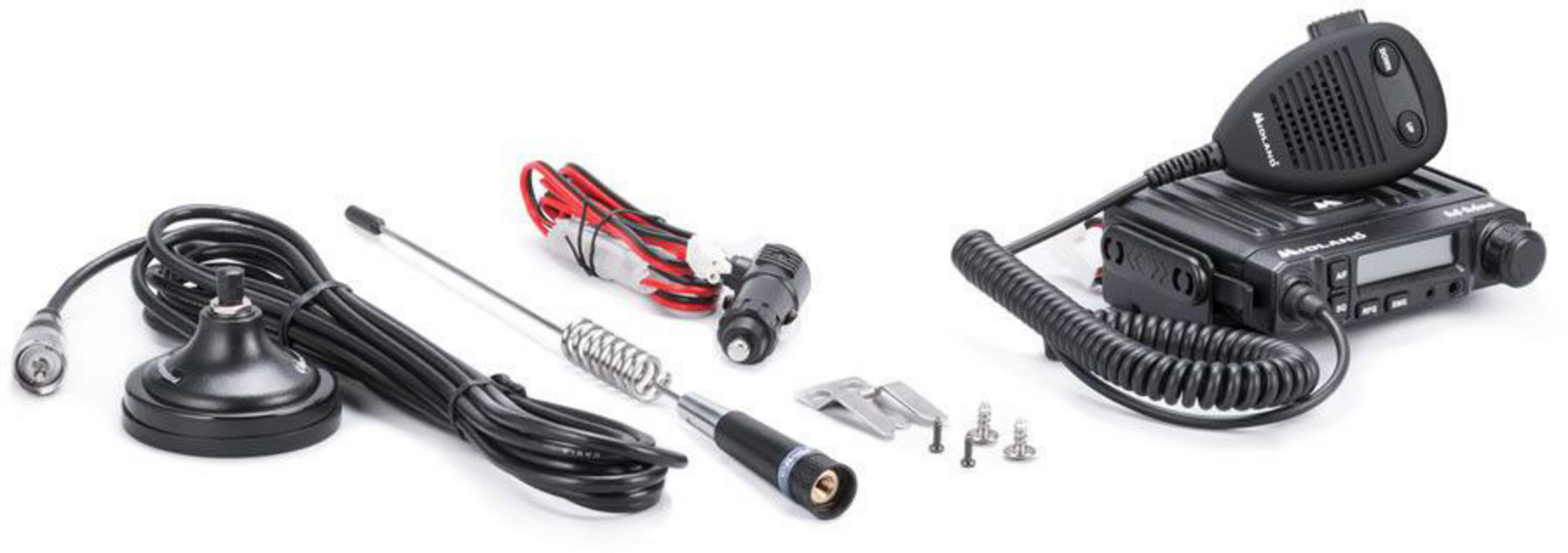 CB-Funkgeräte: Funkgerät, Mikrofon, Antenne, Kabel und Montagezubehör liegen auf weißem Grund.