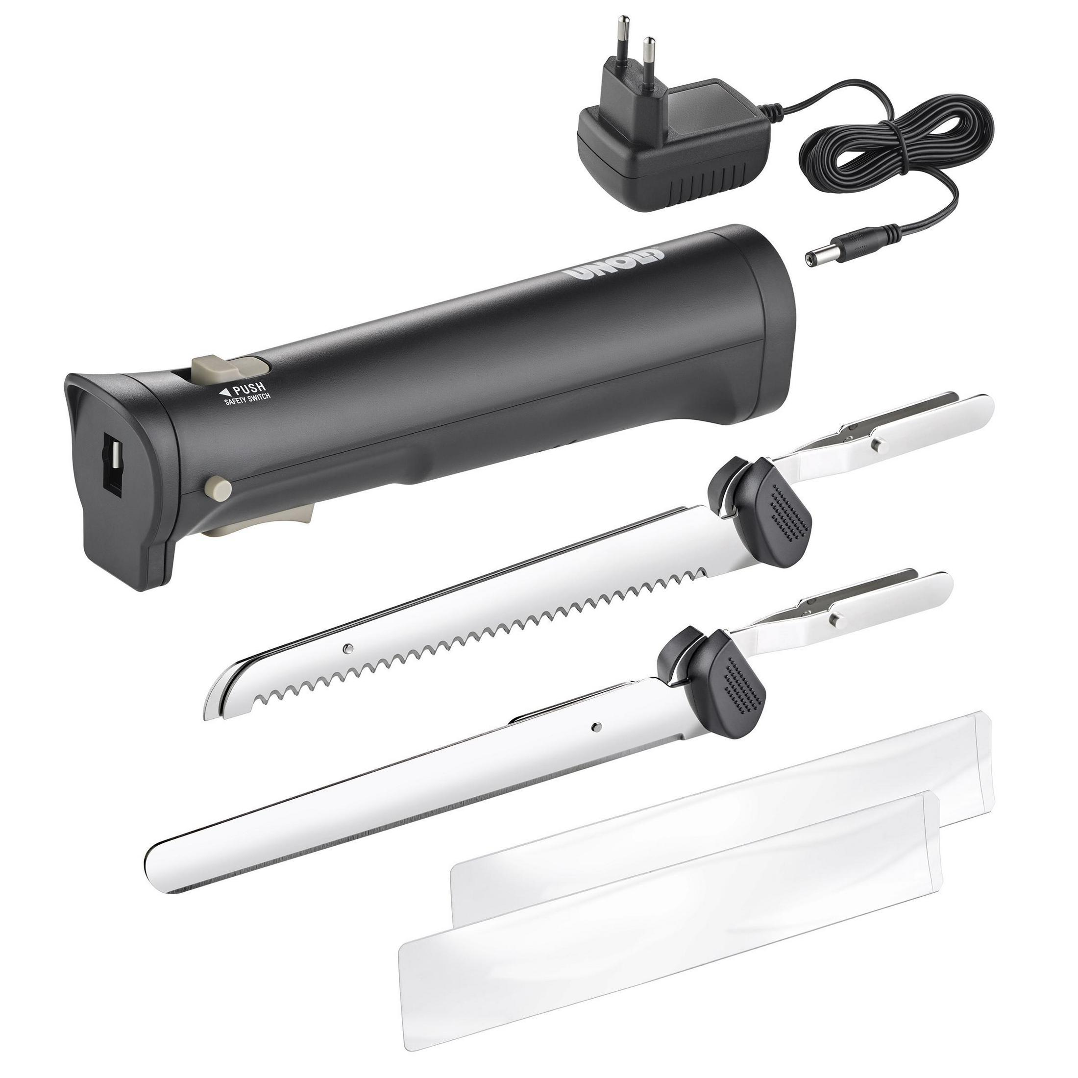 Elektryczny nóż do krojenia z czarnym korpusem, dwoma ostrzami i stacją ładującą.