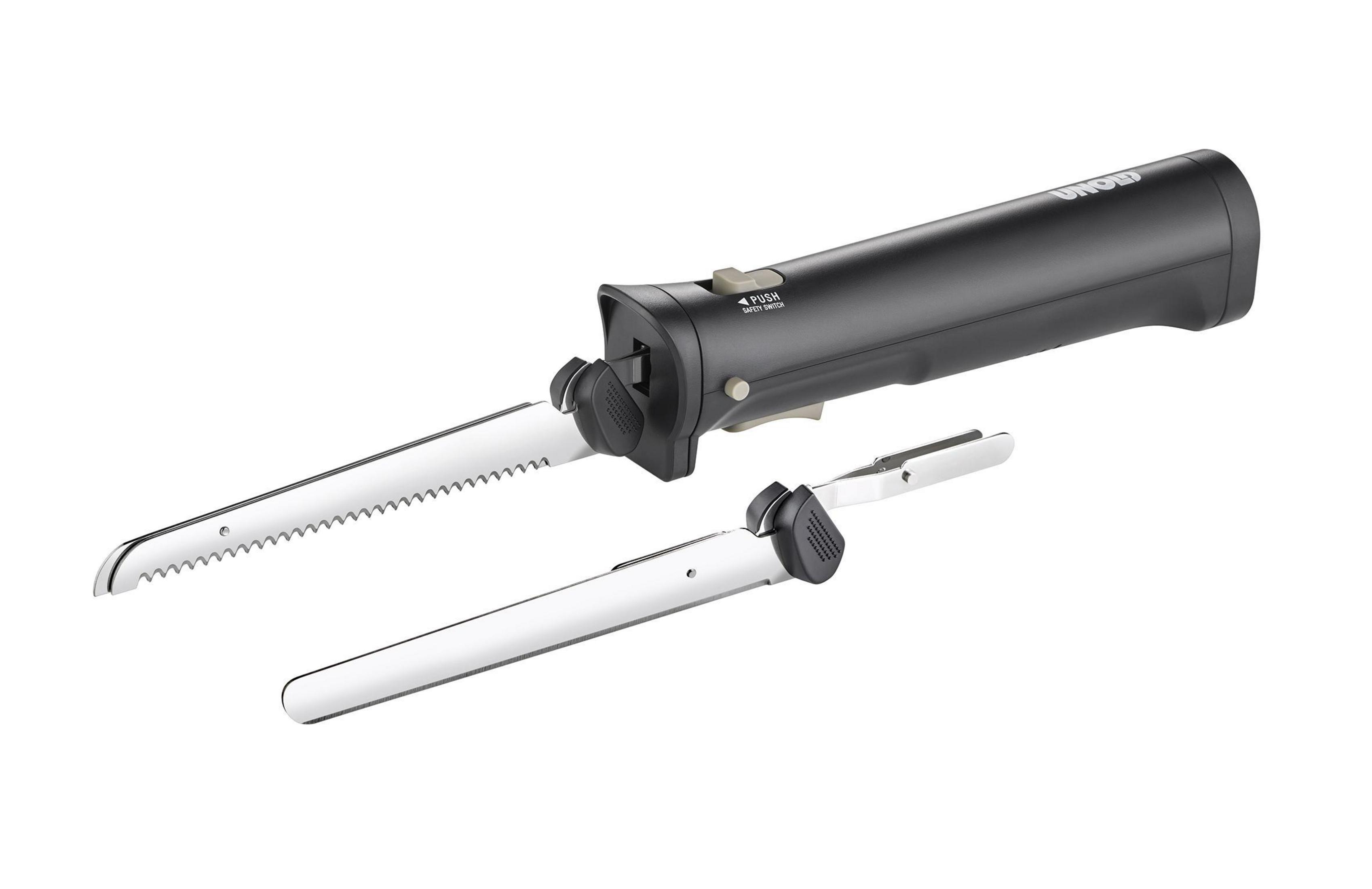 Czarny elektryczny nóż do krojenia z dwoma ostrzami, jedno włożone, drugie obok.