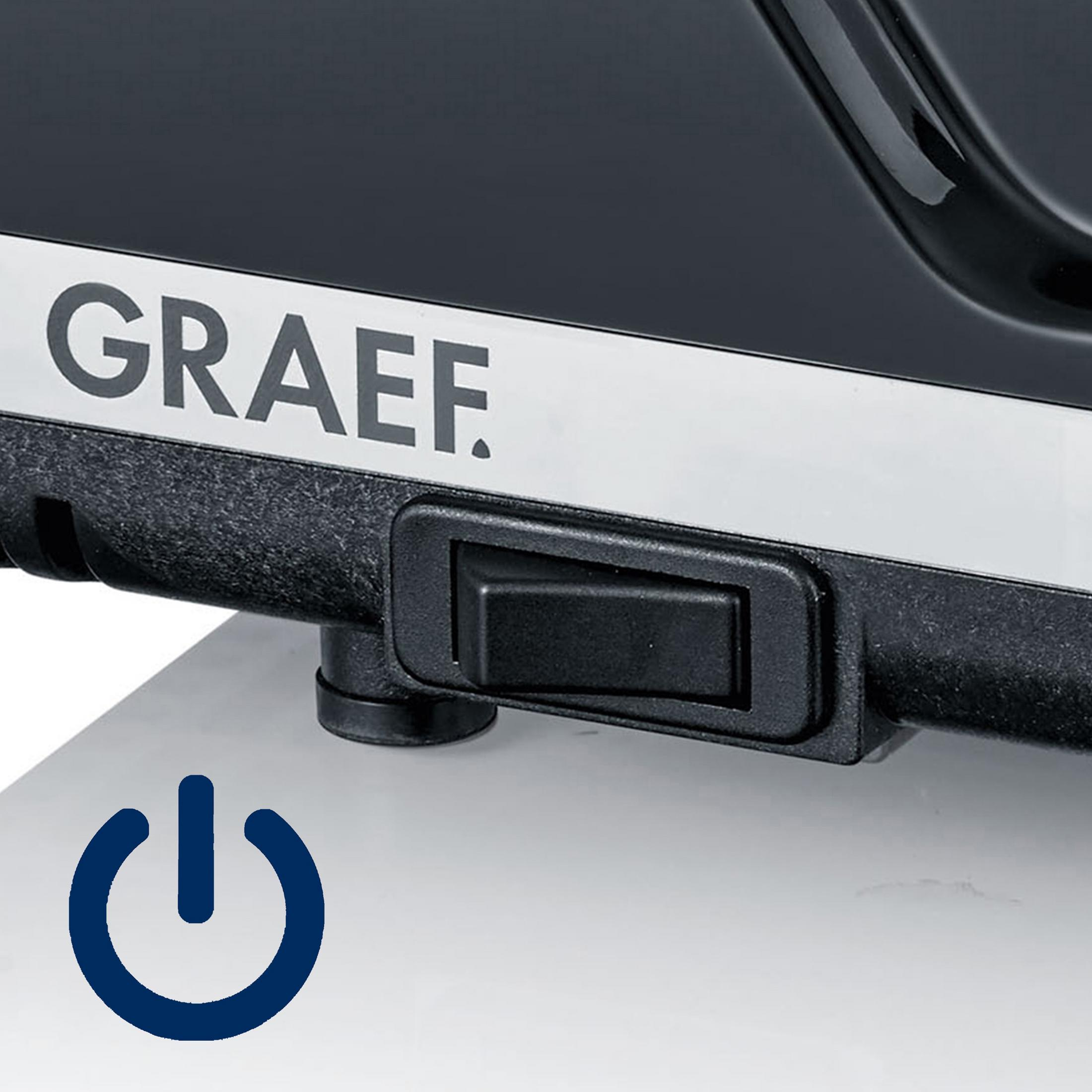 Czarne urządzenie z czarnym przełącznikiem i niebieskim symbolem zasilania. Białe tło.