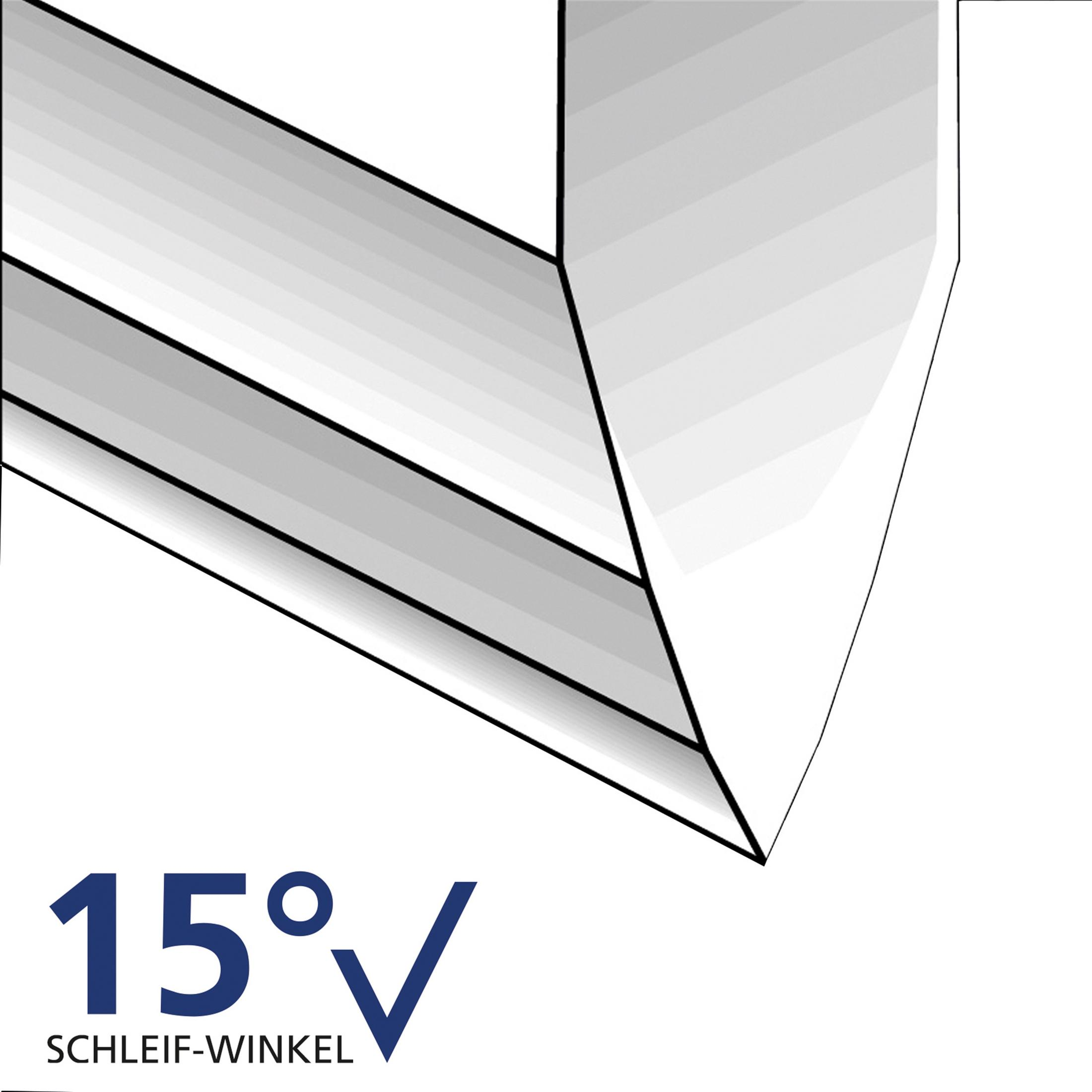 Ein geometrisches Design mit Grautönen, schwarzer Umrandung und Text '15°' und 'SCHLEIF-WINKEL'.