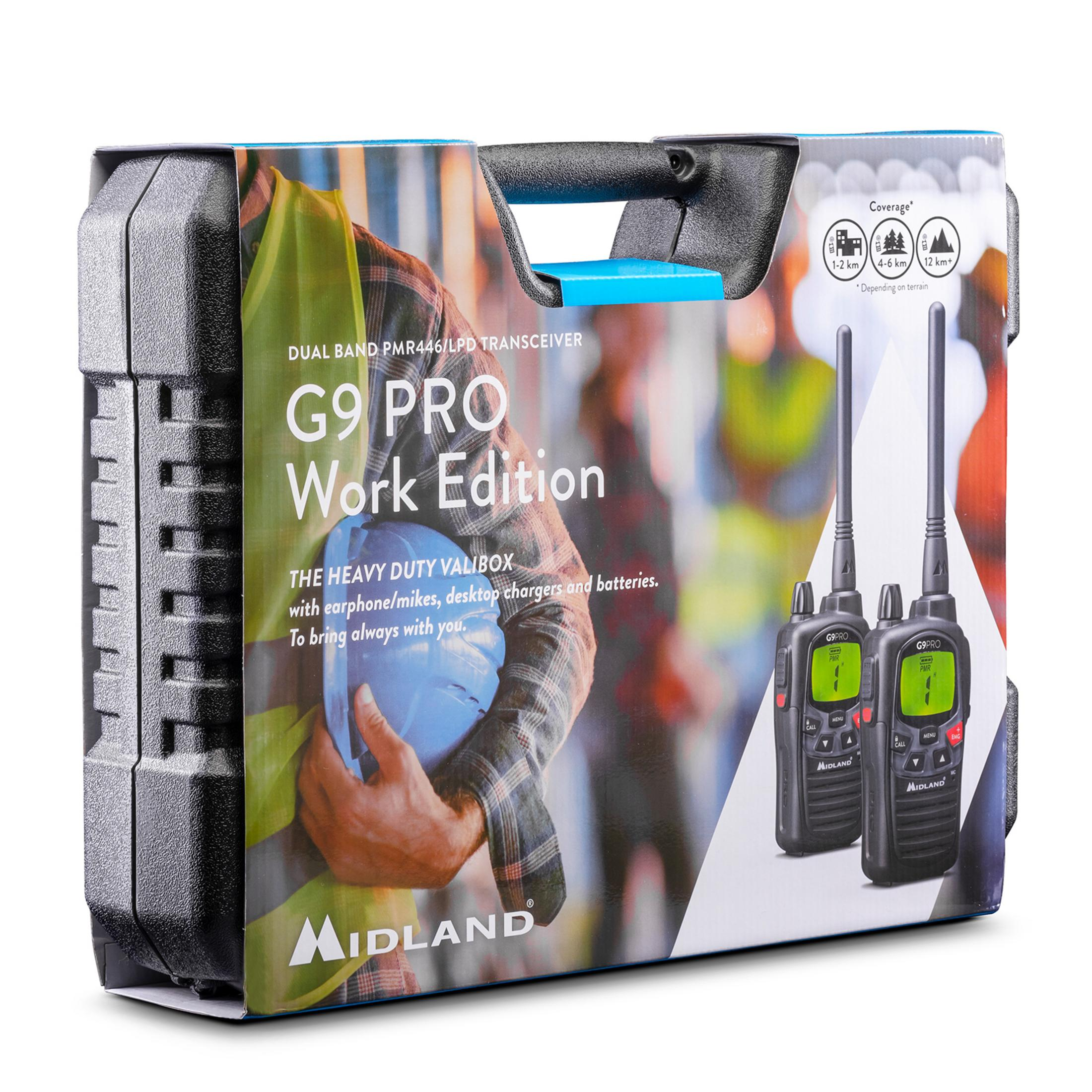 Eine Box mit G9 Pro Work Edition Funk-Transceivern. Die Box zeigt zwei Funkgeräte und einen Arbeiter.