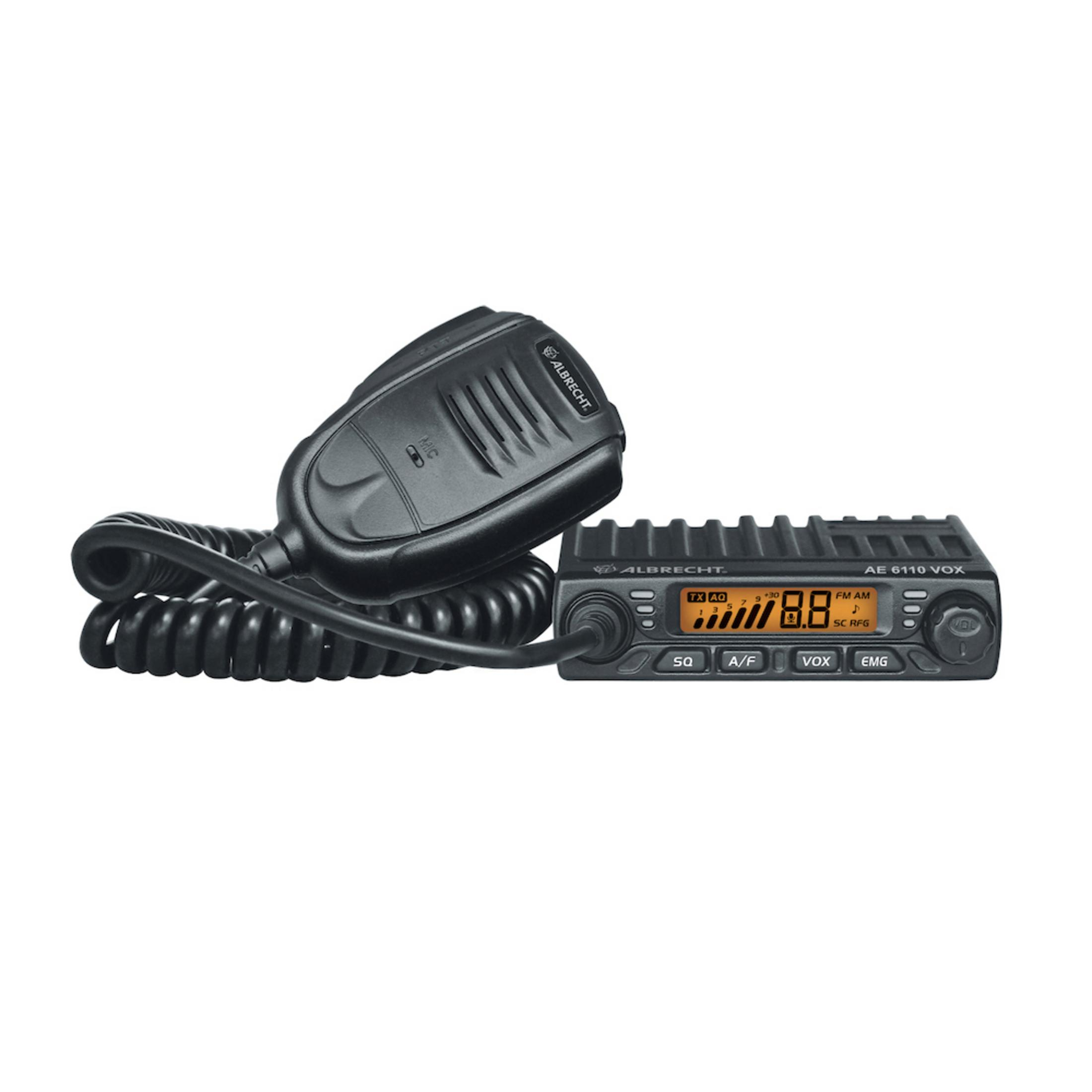 Schwarzes Albrecht Funkgerät mit Mikrofon. Das Radio hat Knöpfe und ein digitales Display.