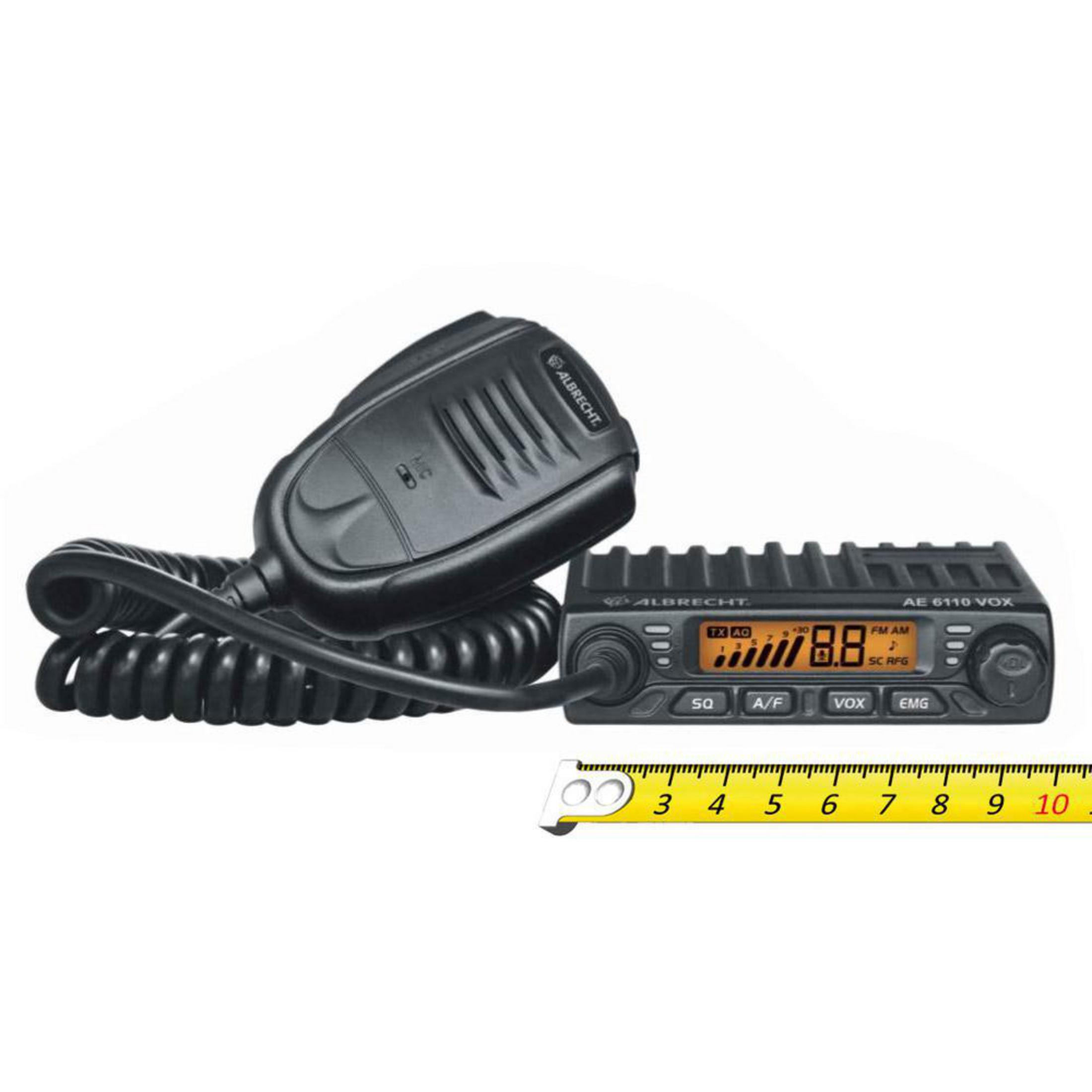 Schwarzer Funktransceiver mit Mikrofon und Maßband.