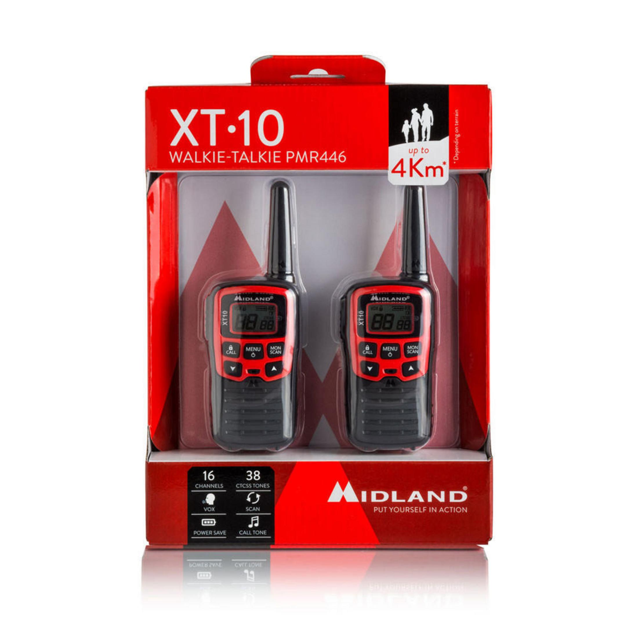 Due walkie-talkie neri dentro una scatola rossa e bianca. Logo Midland in basso.