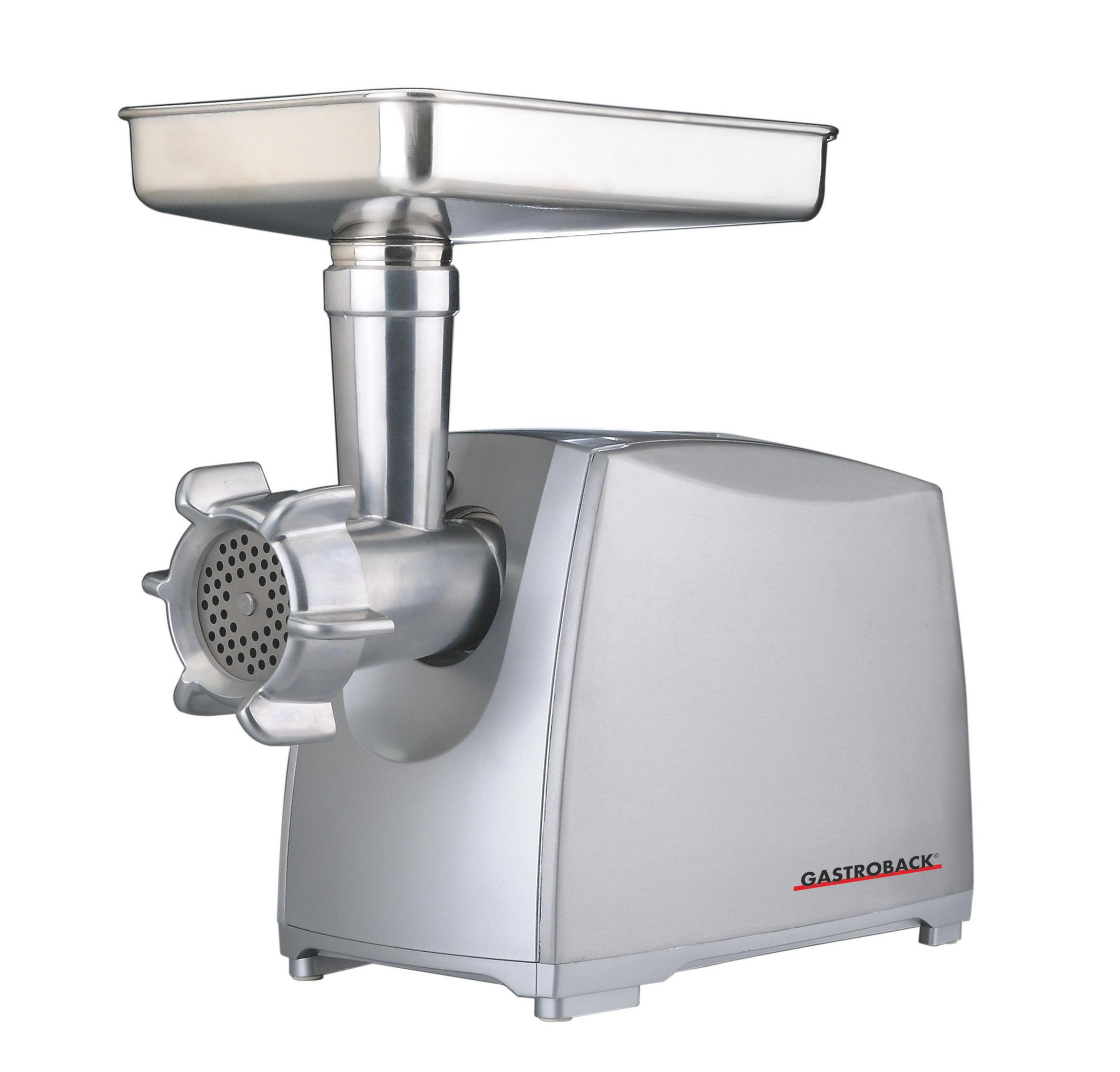 Srebrna maszynka do mięsa z tacą na górze, głowicą mielącą i nazwą GASTROBACK z boku.