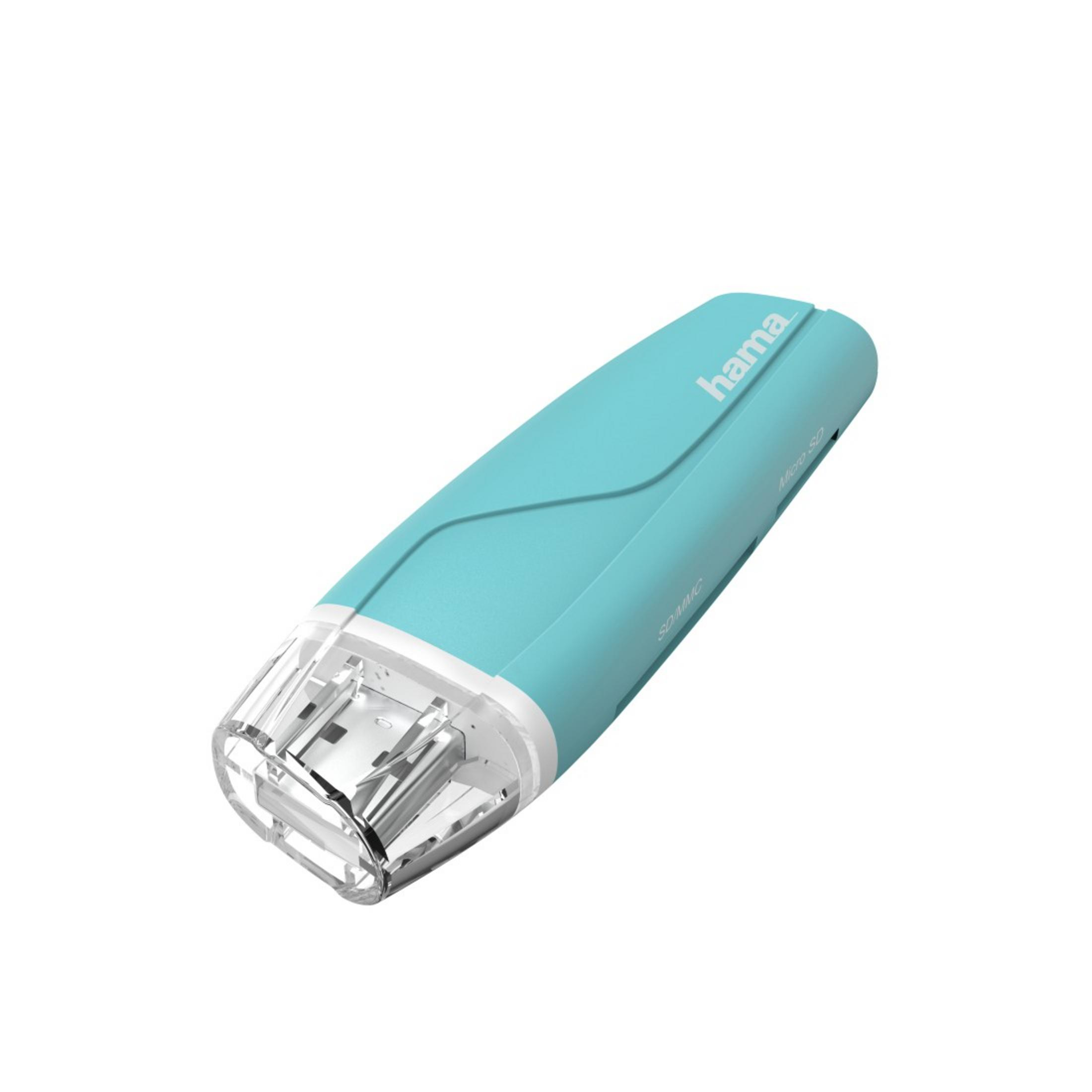 Czytnik kart MicroSD Hama. Jasnoniebieski i biały design, widok z boku, na białym tle.