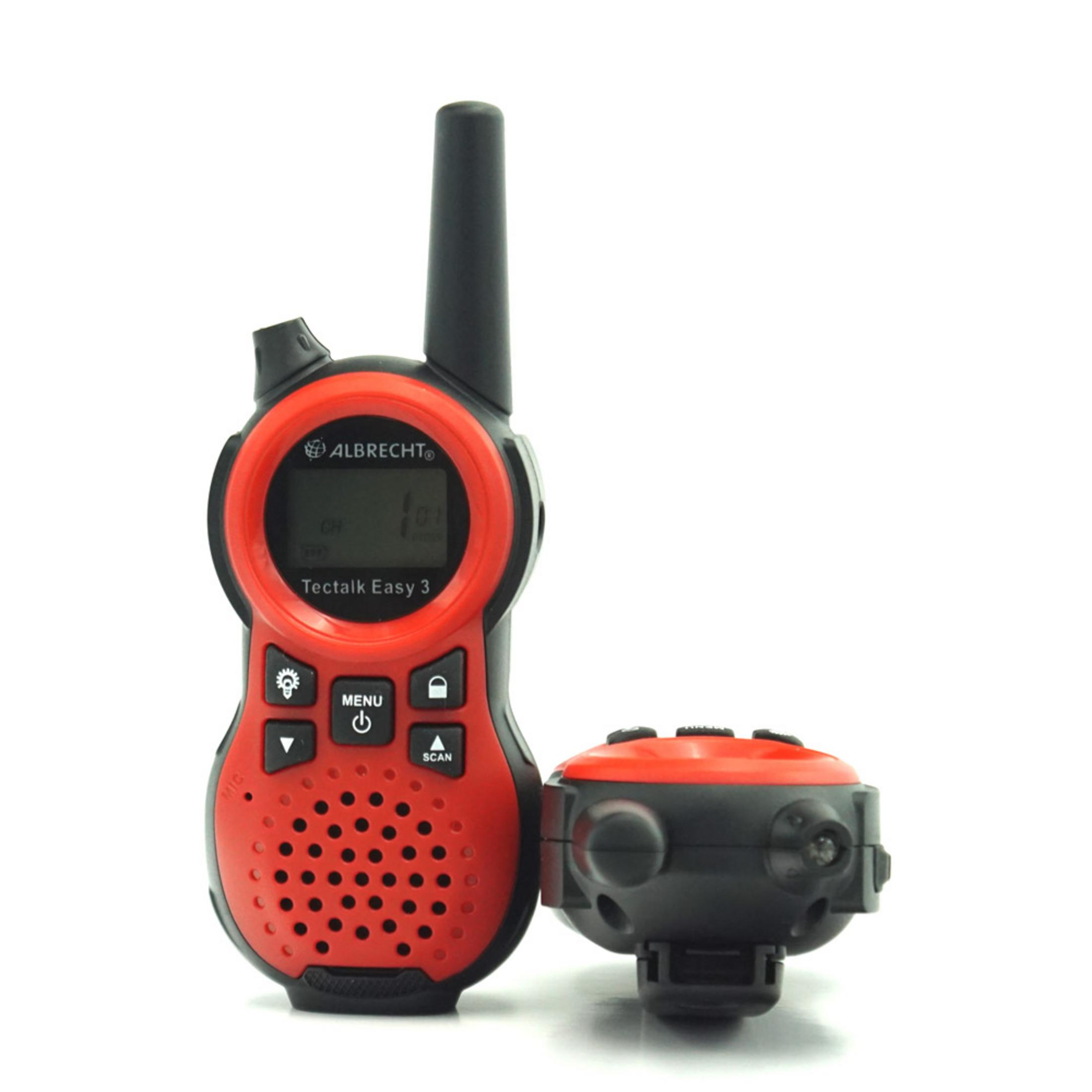 Rotes und schwarzes Walkie-Talkie mit separater, kleinerer Einheit auf weißem Hintergrund.