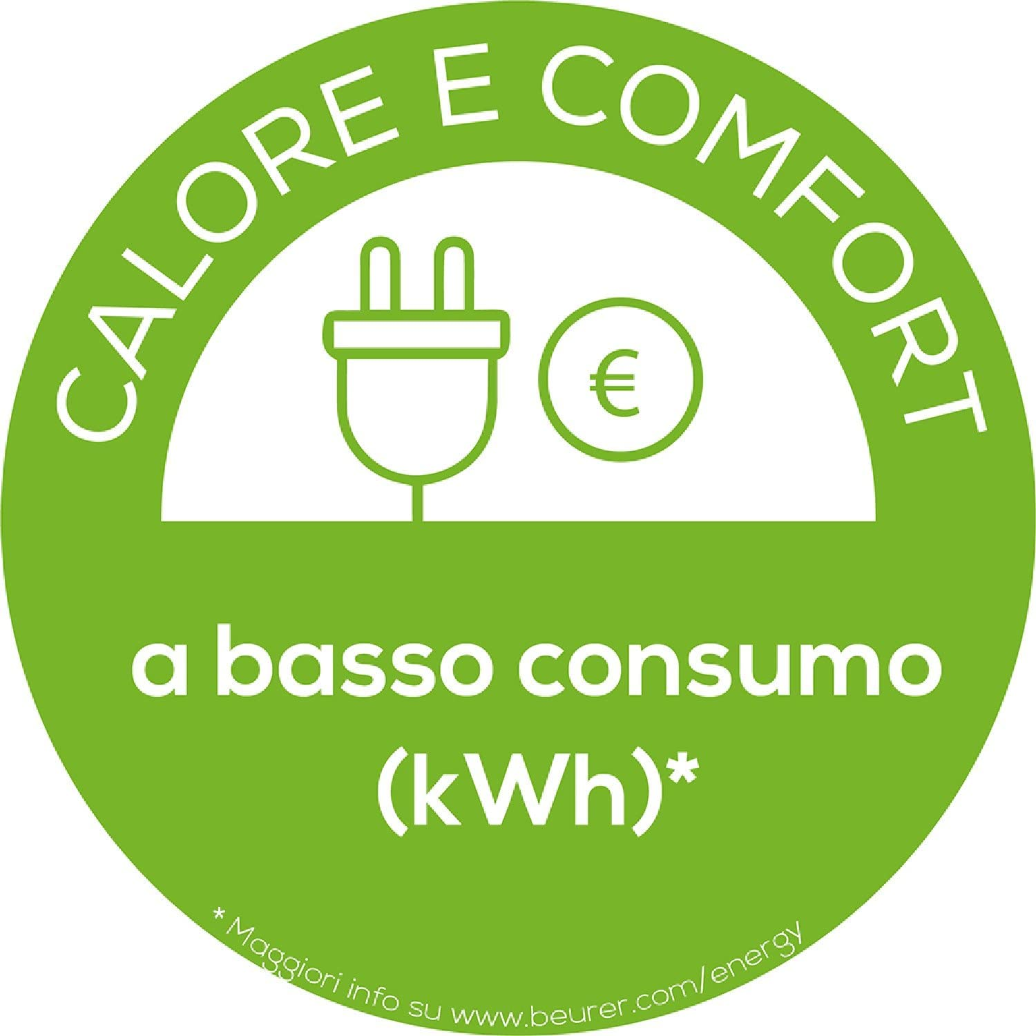 Pegatina circular verde con enchufe y símbolo euro. Texto: Calore e Comfort.
