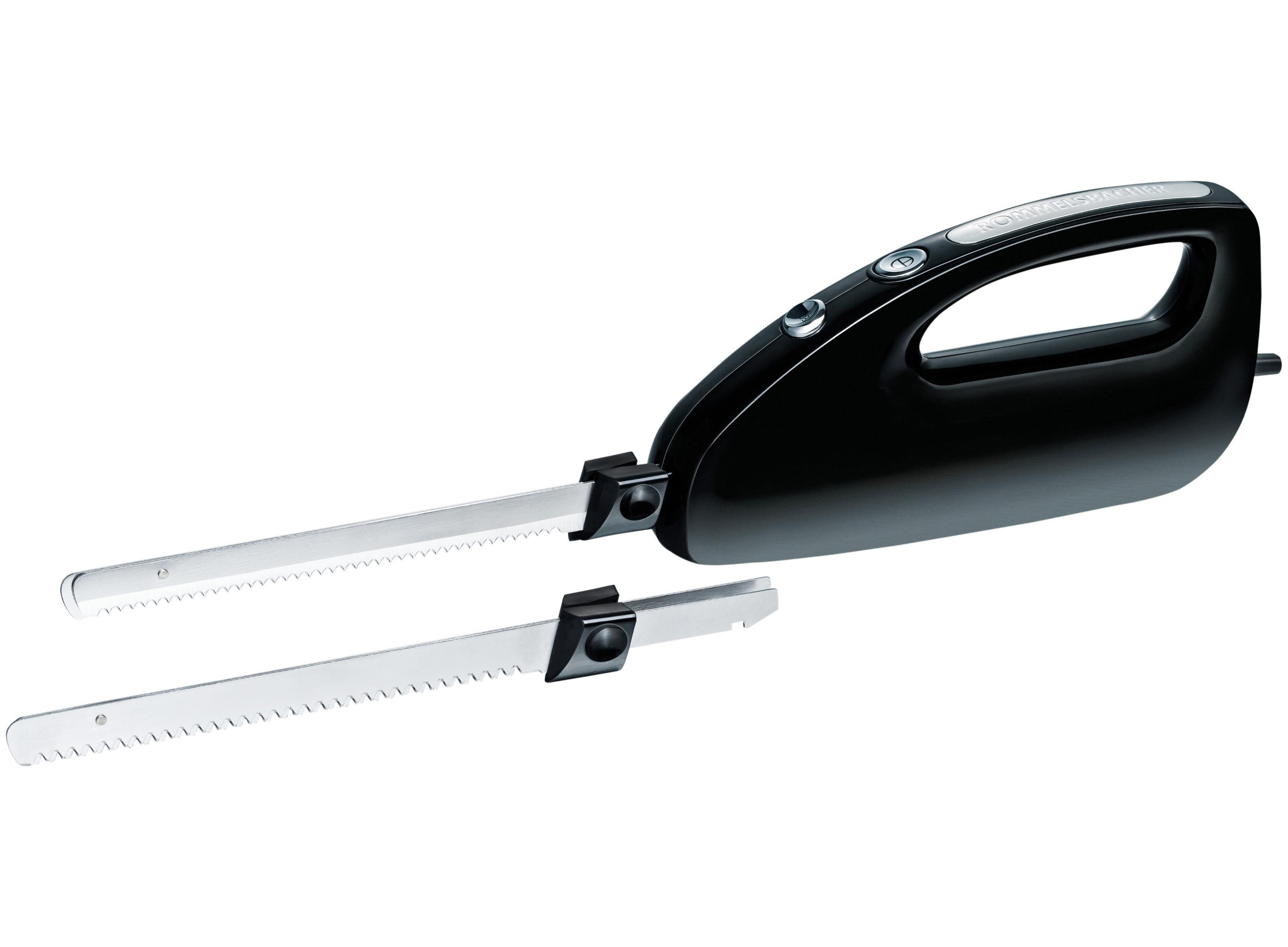 Schwarzes elektrisches Messer mit zwei Klingen, isoliert auf Weiß.