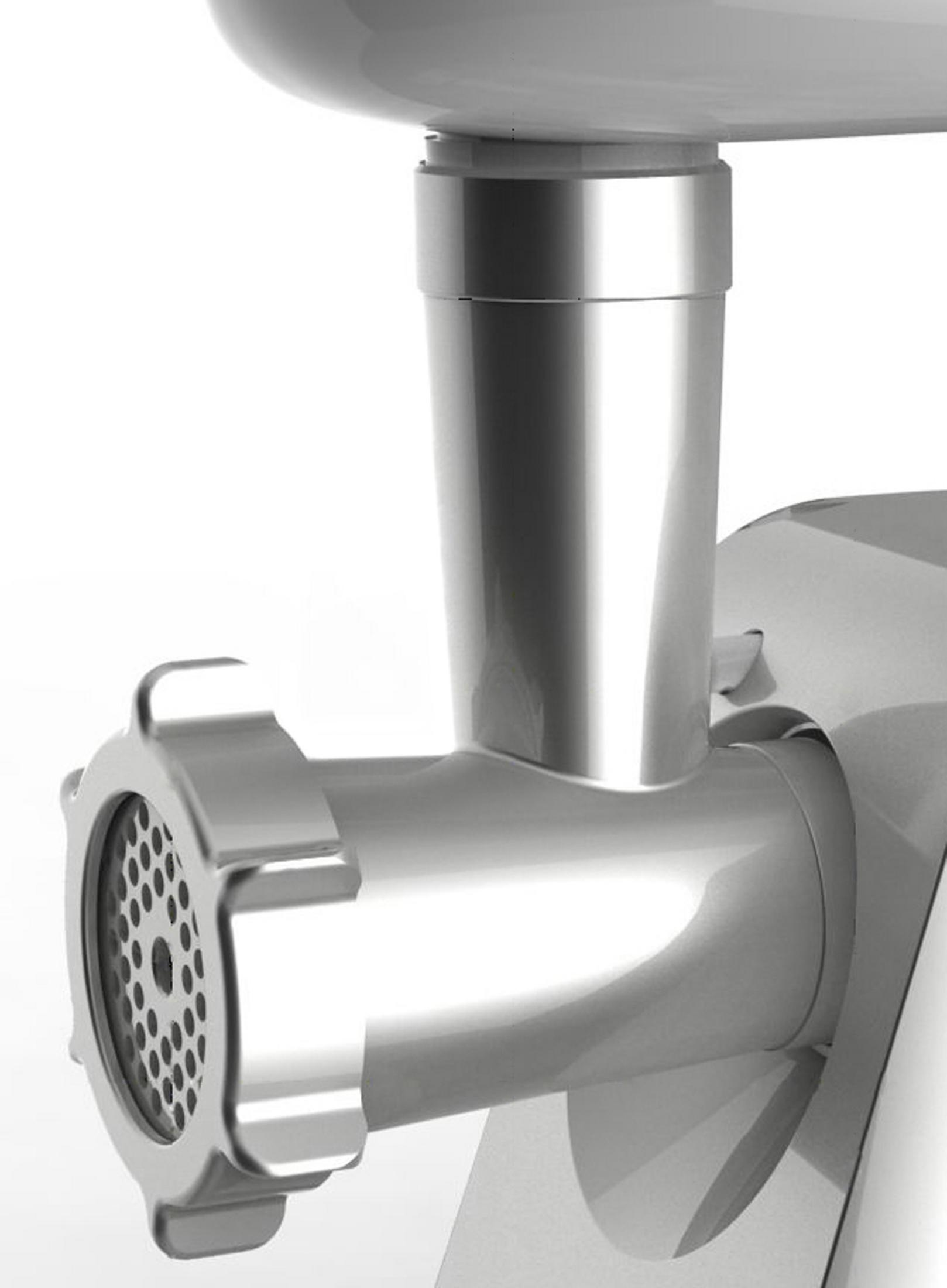 Zbliżenie srebrnej maszynki do mięsa z płytą mielącą i rurą podającą.