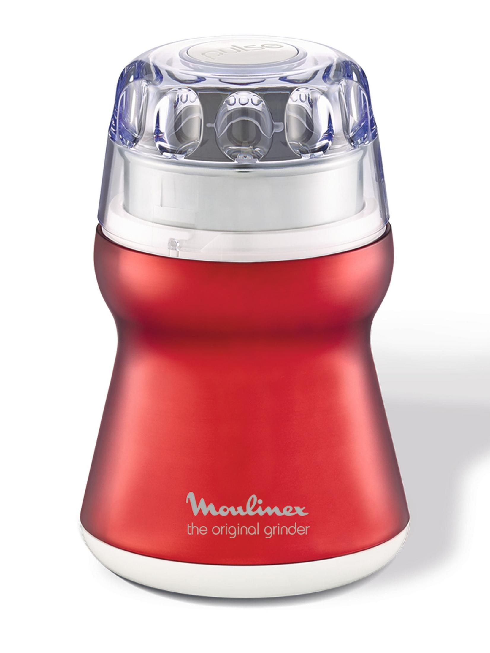 Roter Moulinex-Zerkleinerer mit transparentem Deckel und weißem Sockel.