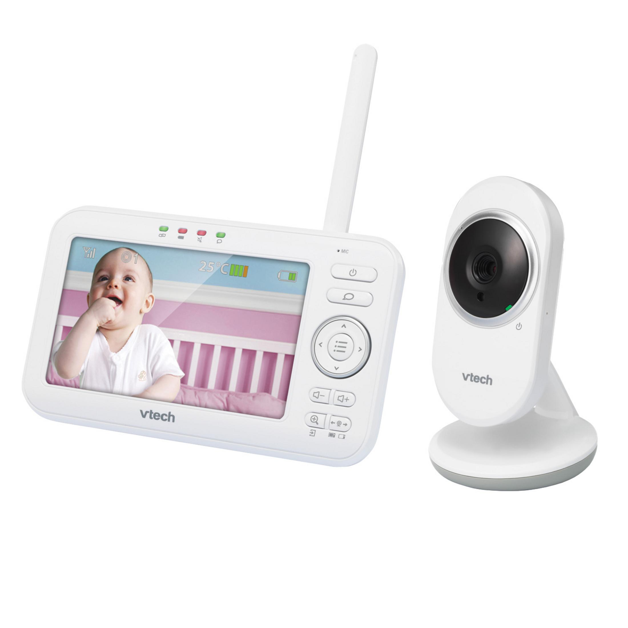 Ein weißer Babyphone hat einen Bildschirm mit einem Baby. Rechts neben dem Bildschirm ist eine Kamera.