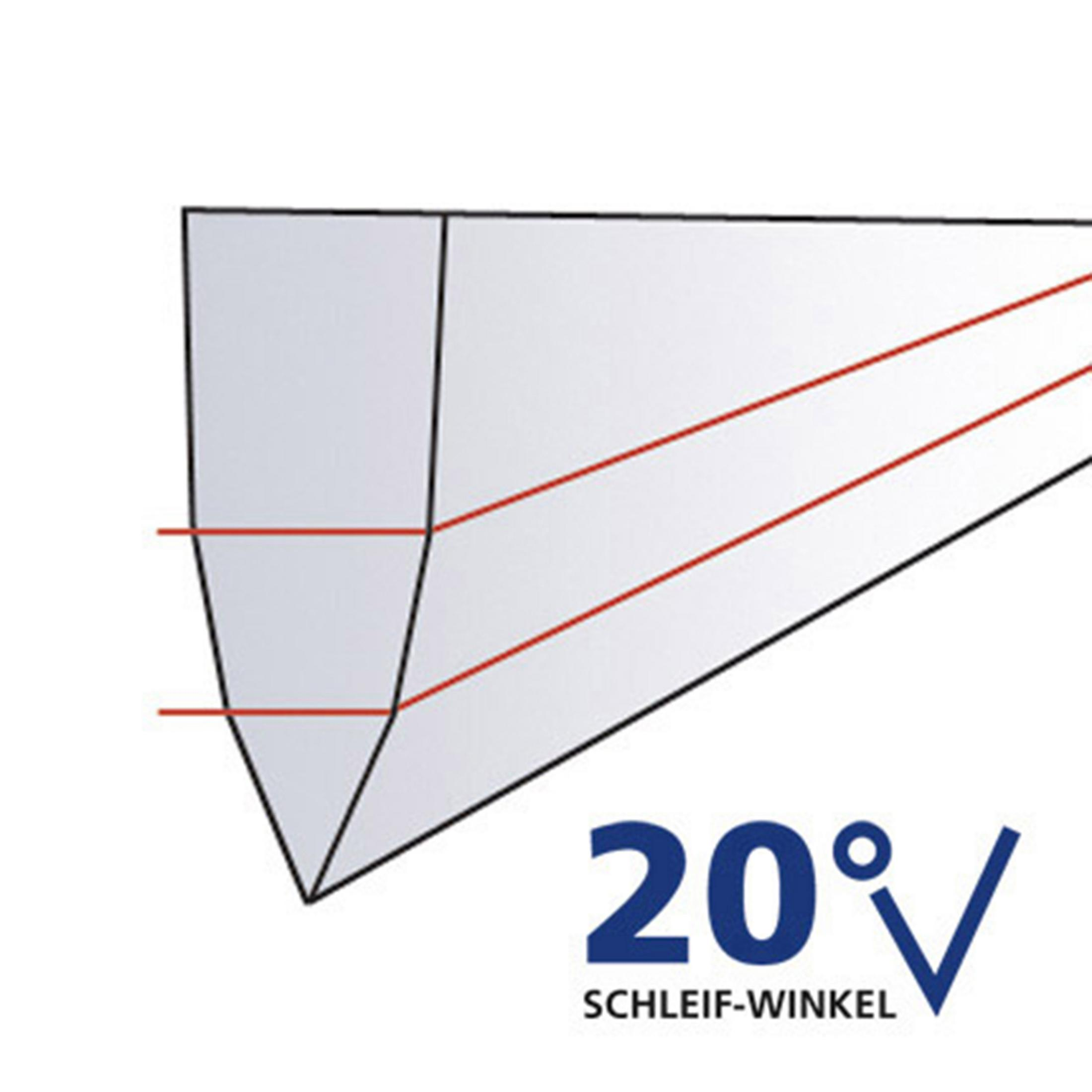 Diagram przedstawiający kształt klina. Czerwone linie wskazują kąt cięcia. Tekst: 20° Schleif-Winkel.