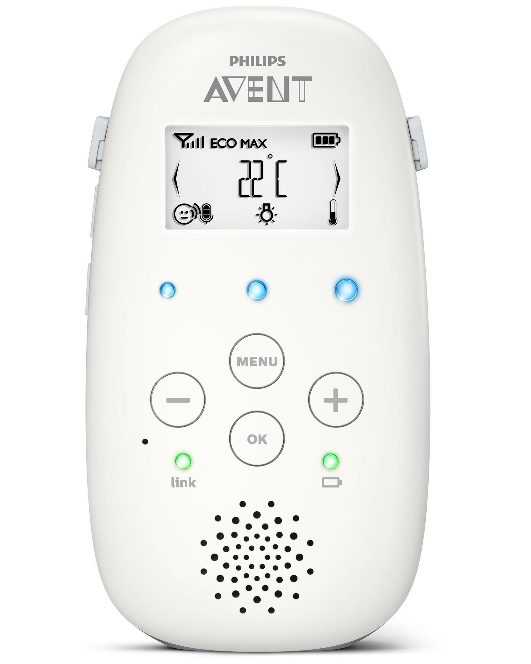 Weißer Babyphone. Bildschirm zeigt Infos. Knöpfe: Menü, Plus, Minus und Ok.
