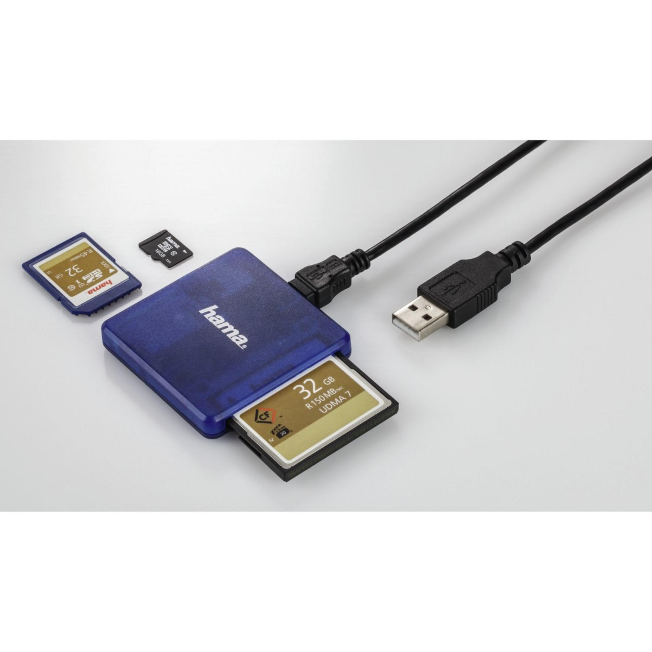Niebiesko-srebrny czytnik kart z kartami SD i micro SD, kablem USB. Białe tło.