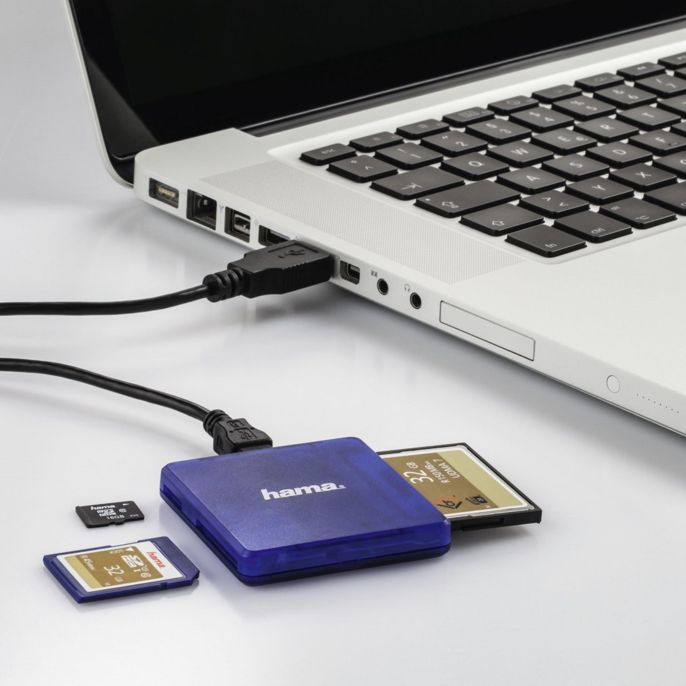 Laptop podłączony do czytnika kart z włożonymi kartami SD. Widoczny kabel USB.
