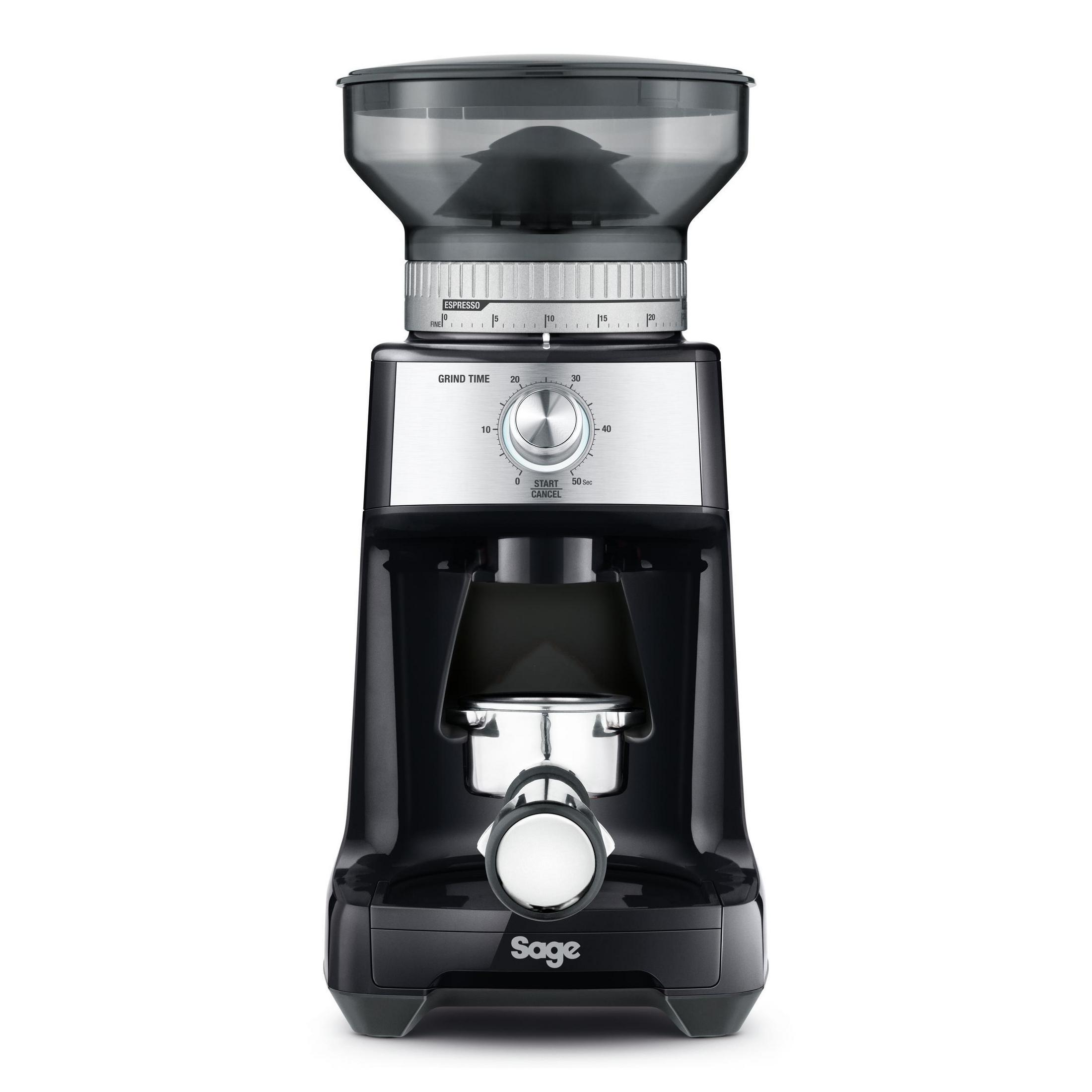 Schwarze Kaffeemühle mit transparentem Trichter oben. Sie hat ein silbernes Grind Time-Rad und ein Sage-Logo.