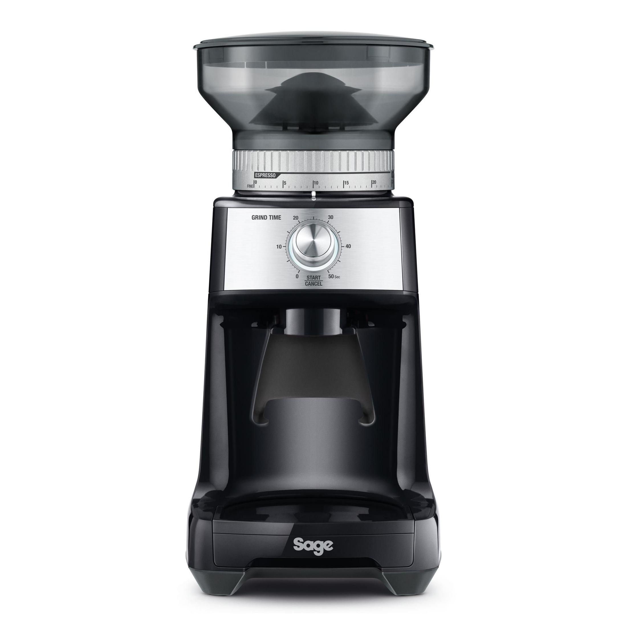 Schwarze und silberne Sage-Kaffeemühle. Oben ein Trichter, ein Zifferblatt und eine Starttaste.
