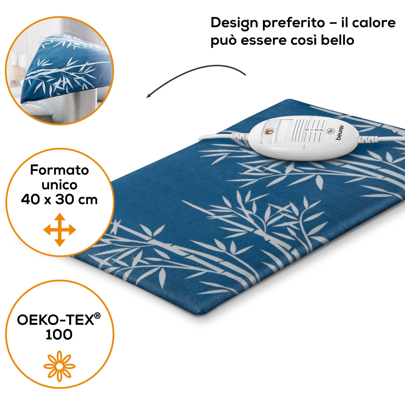 Cuscino termico blu con design a bambù bianco. Un pannello di controllo è attaccato al cuscino.