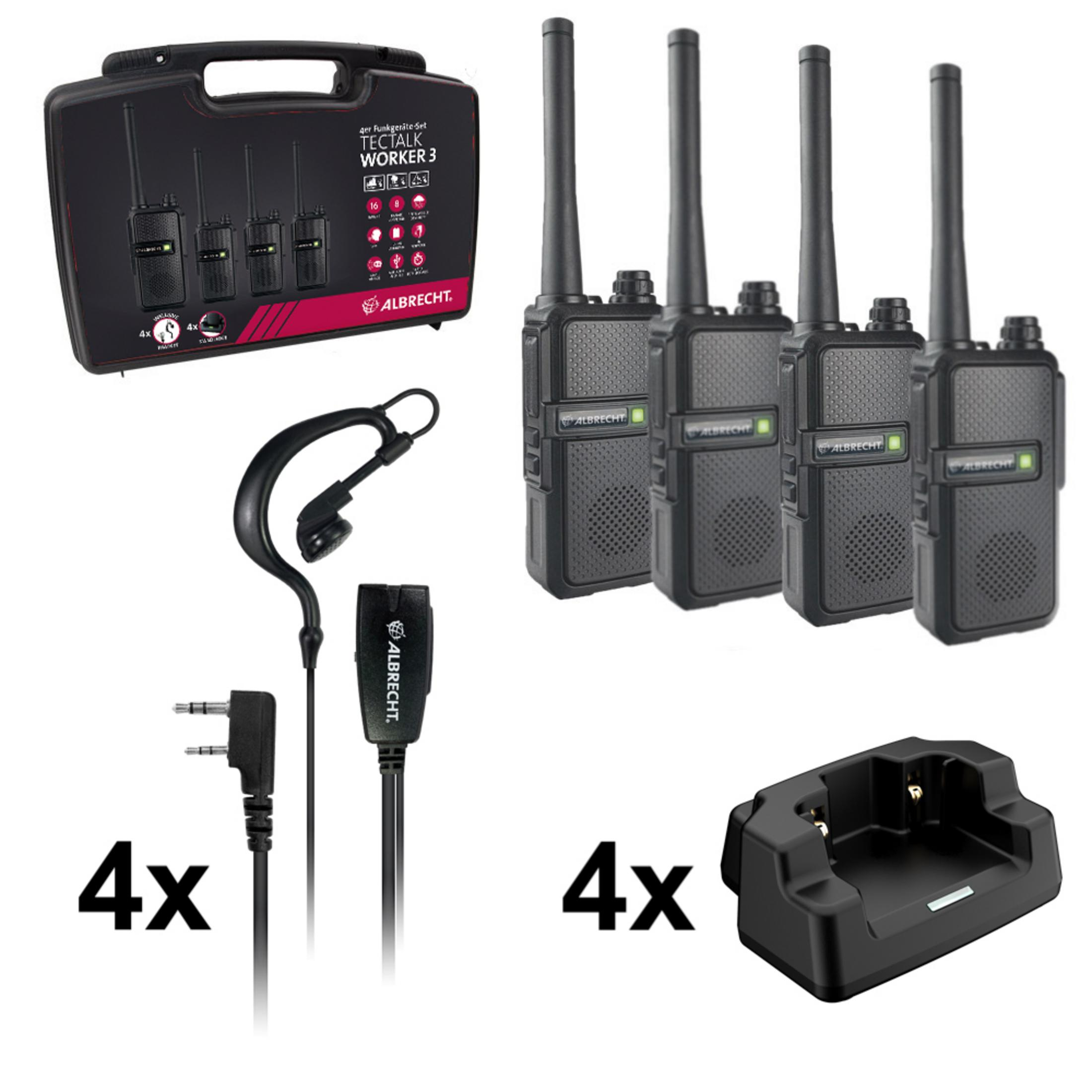 Albrecht Walkie-Talkie-Set mit vier Funkgeräten, Ladestation und Zubehör.